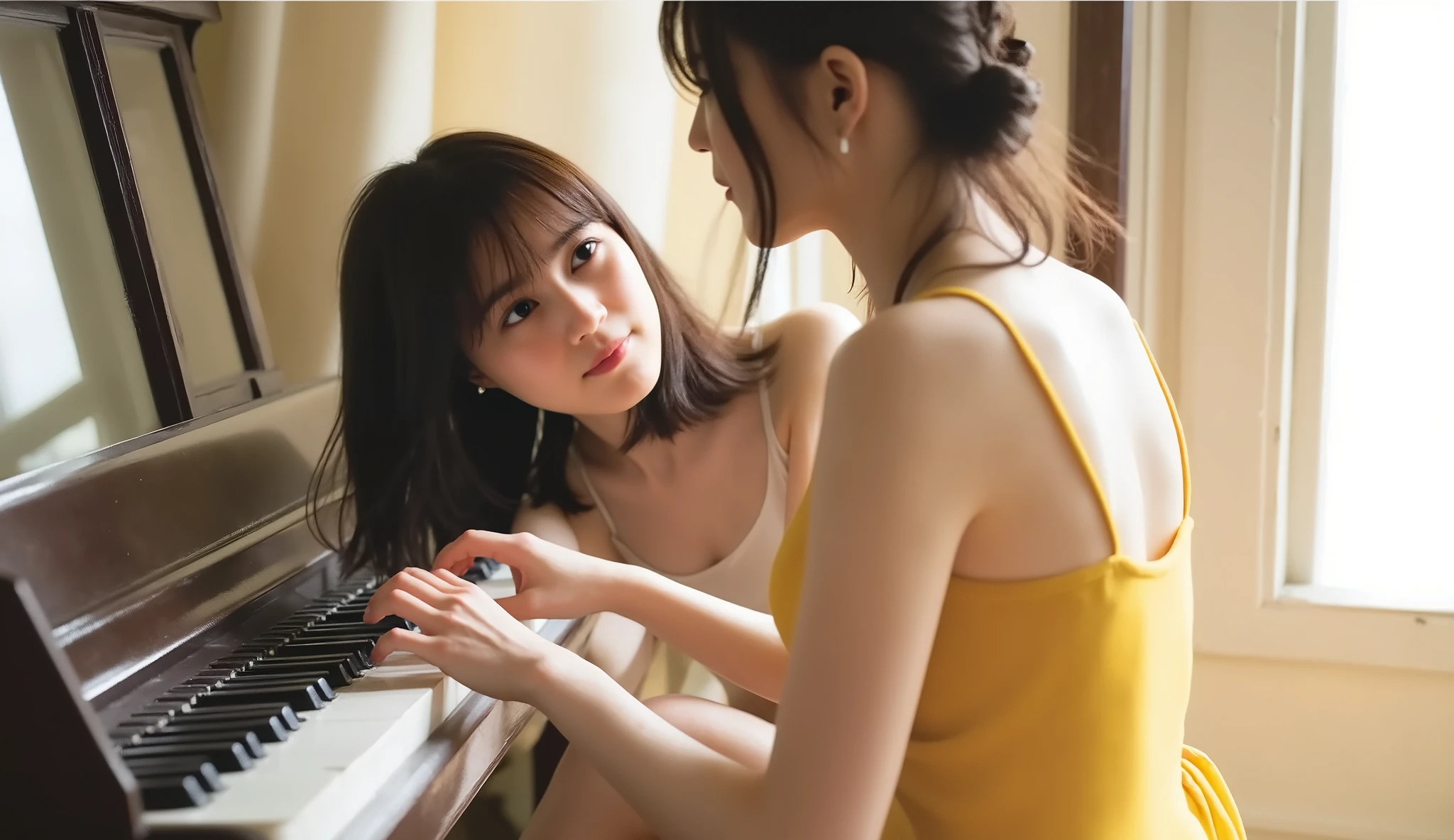 (((best image quality、winning job、nsfw)))、A beautiful Japanese woman is playing the piano、Yellow Dress、(((On the piano、A beautiful piano 、The musical notes are dancing)))、((tree々The light shines in from between 、Sad Expression))、(((mid-shot、Dutch horn shot)))