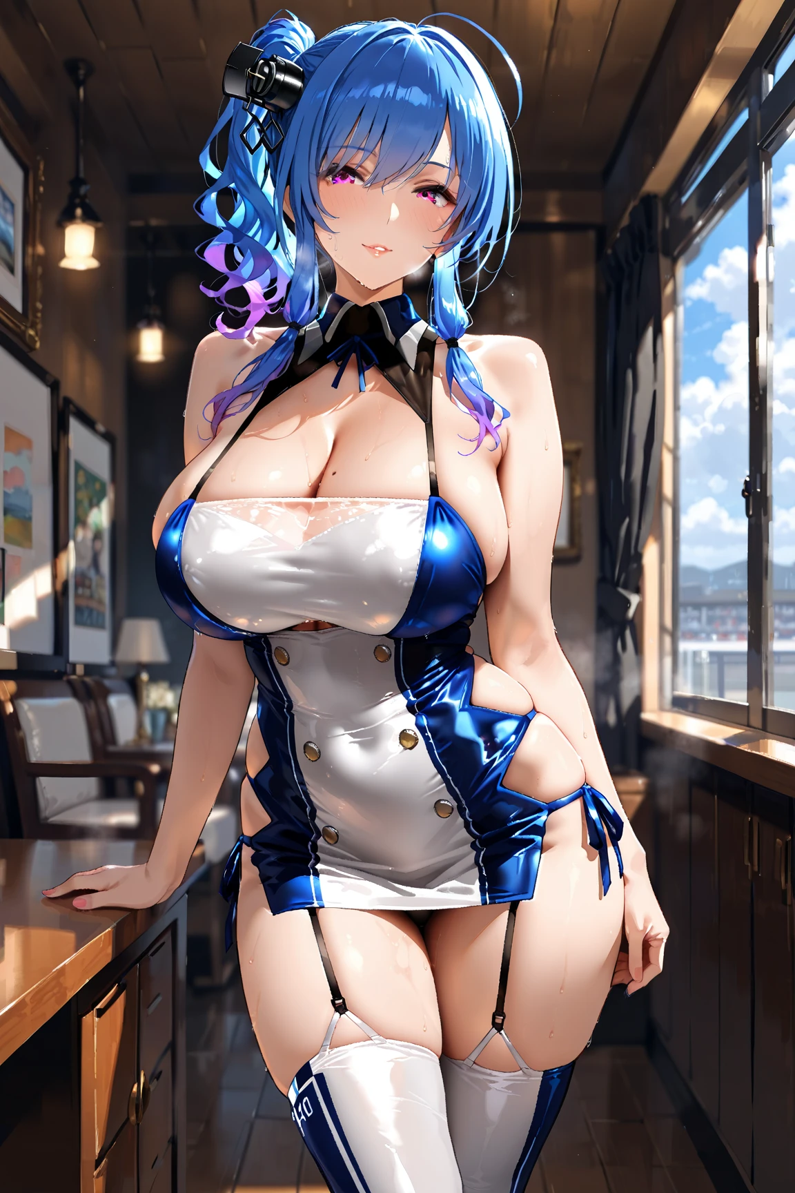 Anime girl with long hair and blue eyes posing in the kitchen, tits, Enchanting anime girl, Naughty anime style, Smooth anime CG art, biomechanical tits, Big Breasts!, have large breasts, a hyperRealistic , Big Breasts!!, hyperRealistic , Realistic , Beautiful and attractive anime , Anime Best Girl