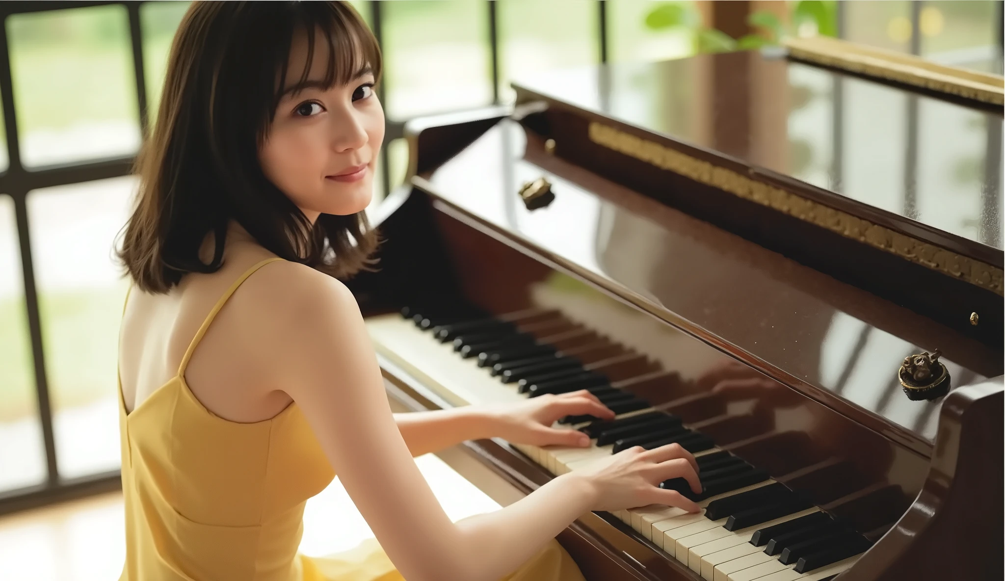 (((best image quality、winning job、nsfw)))、A beautiful Japanese woman is playing the piano、Yellow Dress、(((On the piano、A beautiful piano 、The musical notes are dancing)))、((tree々The light shines in from between 、Sad Expression))、(((mid-shot、Dutch horn shot)))