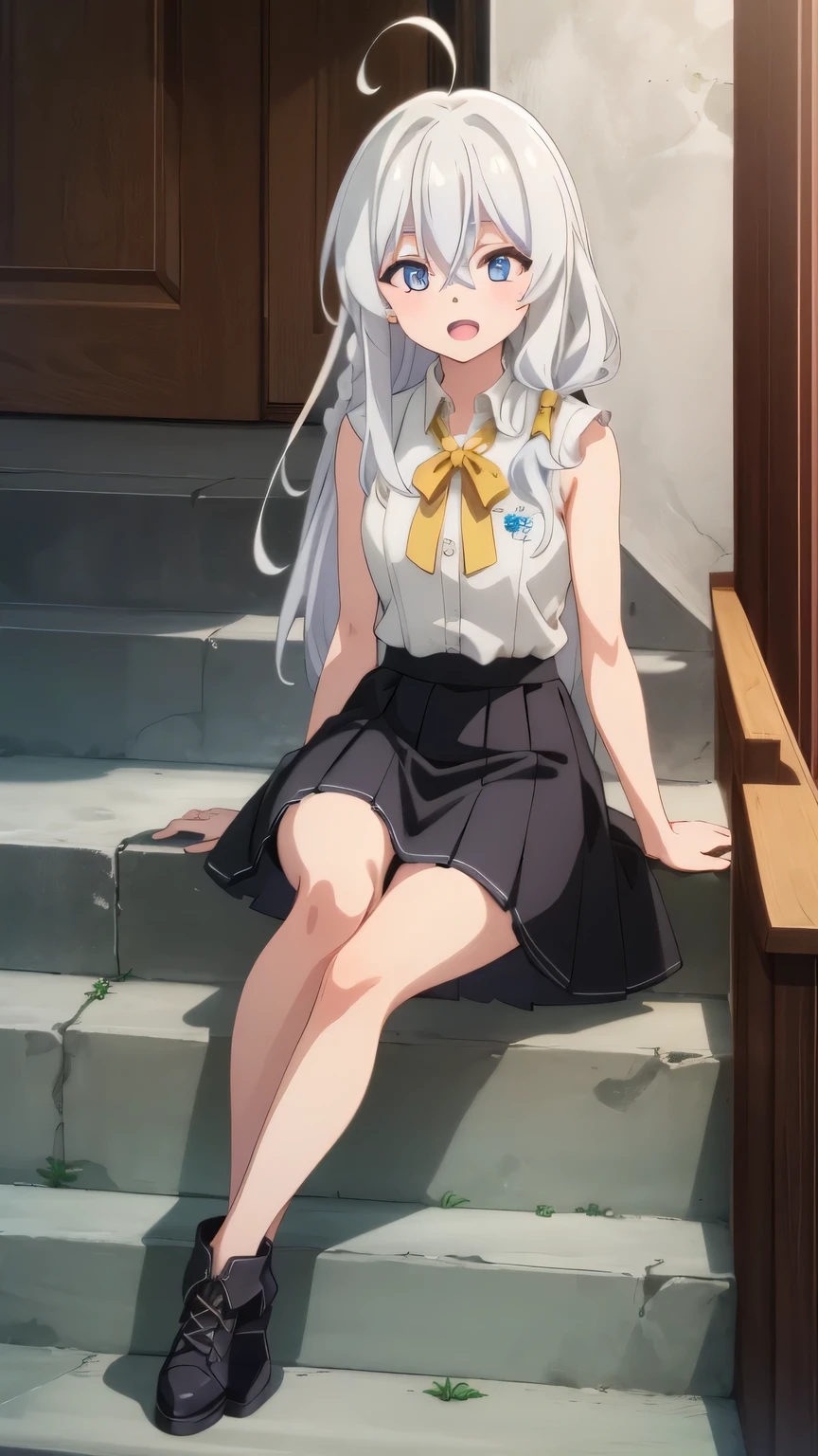 {{{masterpiece}}}, (best quality:1.5), (ultra-detailed:1.5), {illustration}, {{an extremely delicate and beautiful}}, (beautiful detailed eyes:1.6), absurdres, highres, extremely detailed face, 16k, hd, visual anime de uma jovem mulher, extremamente bonito rosto de anime, anime melhor garota, (perfect hands, perfect anatomy), anime face, elaina (majo no tabitabi), Eft_elaina, witch, 1girl, solo, cute face, long hair, white hair, ahoge, hair between eyes, sidelocks, pink bow, single braid, ribbon on braid, yellow hair clip, blue eyes, medium breasts, big hips, curvaceous, BREAK, white shirt, sleeveless, (shirt tuck out:1.5), collared shirt, yellow ribbon tie, black skirt, pleated skirt, (microskirt:1.5), (white petticoat:1.2), bare legs, boots, black footwear, BREAK, ( Sit on the stairs:1.2), face focus, open mouth, Looks happy, upturned eyes, flushed cheeks, looking at viewer, covering chest by one hand, knees together feet apart, sit