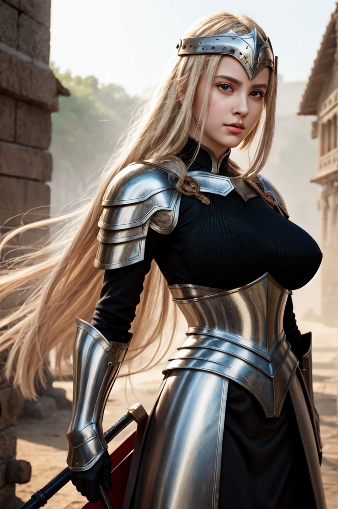 Realistic lighting, Top Quority, 8K resolution, (masterpiece: 1.3), (Clear focus: 1.2), 1 girl, delicate face, big double eyelids, Sensual expression, Perfect anatomy of the body, (perfect body: 1.6), (big chest 1.7), long blonde hair, (best breasts: 1.8), armor, long knife, magia, exterior, (date: 1.1), 1080p, hyper HD, texture, super detailed, best quality, high detail, highest quality.