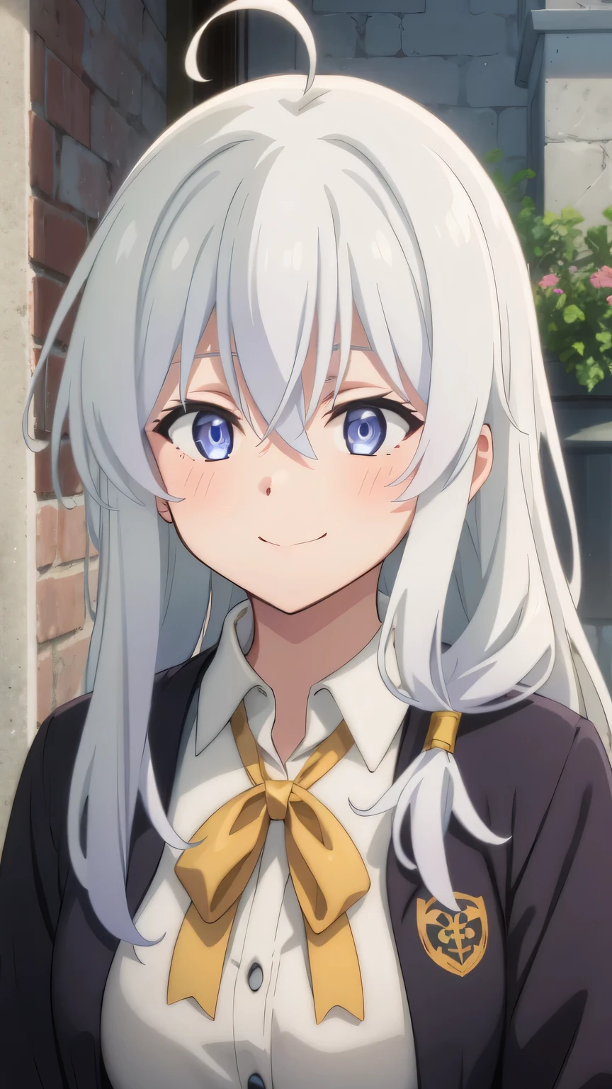 {{{masterpiece}}}, (best quality:1.5), (ultra-detailed:1.5), {illustration}, {{an extremely delicate and beautiful}}, (beautiful detailed eyes:1.6), absurdres, highres, extremely detailed face, 16k, hd, visual anime de uma jovem mulher, extremamente bonito rosto de anime, anime melhor garota, (perfect hands, perfect anatomy), anime face, elaina (majo no tabitabi), Eft_elaina, witch, 1girl, solo, cute face, long hair, white hair, ahoge, hair between eyes, sidelocks, pink bow, single braid, ribbon on braid, yellow hair clip, blue eyes, medium breasts, big hips, curvaceous, BREAK, white shirt, sleeveless, (shirt tuck out:1.5), collared shirt, yellow ribbon tie, BREAK, smiling,  flushed cheeks, (portrait:1.5), outdoor, Medieval Europe, daytime, building, (cute gestures:1.2), medium close-up shot