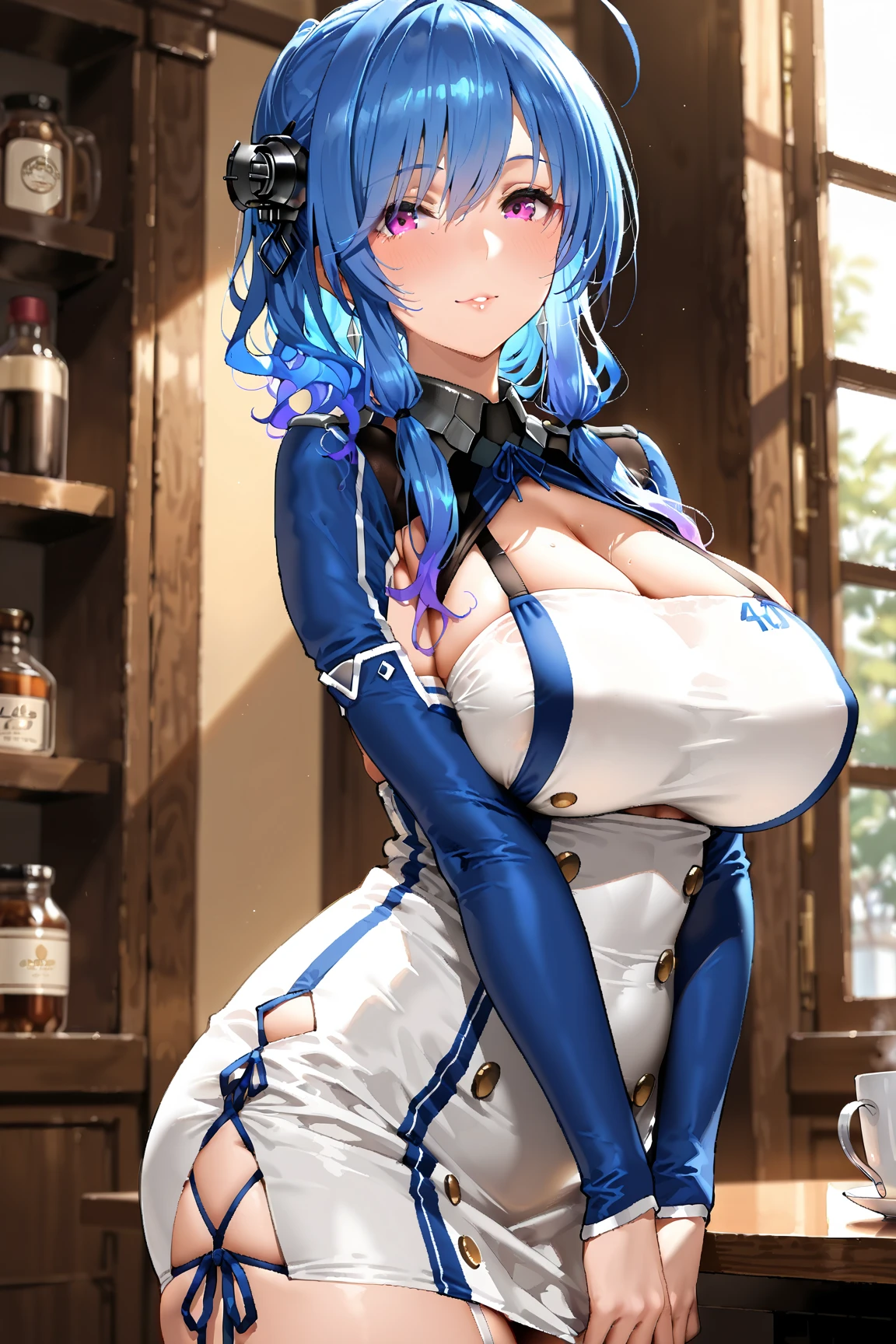 highest quality, One girl, (masterpiece:1.2), highest quality, High resolution, unity 8k wallpaper, (figure:0.8), (Beautiful fine details:1.2), Highly detailed face, Perfect lighting, Highly detailed CG, (Perfect hands, Perfect Anatomy), 1 Female, Mature Woman, Huge breasts,Handjob、vapor、
, A kind smile, Gentle expression, Happy atmosphere,
Asecilia, Long Hair, Curly Hair, Drill Hair, Blue hair band, , White jacket, White Dress, Long sleeve, belt, Black Pantyhose,
Type G,
,