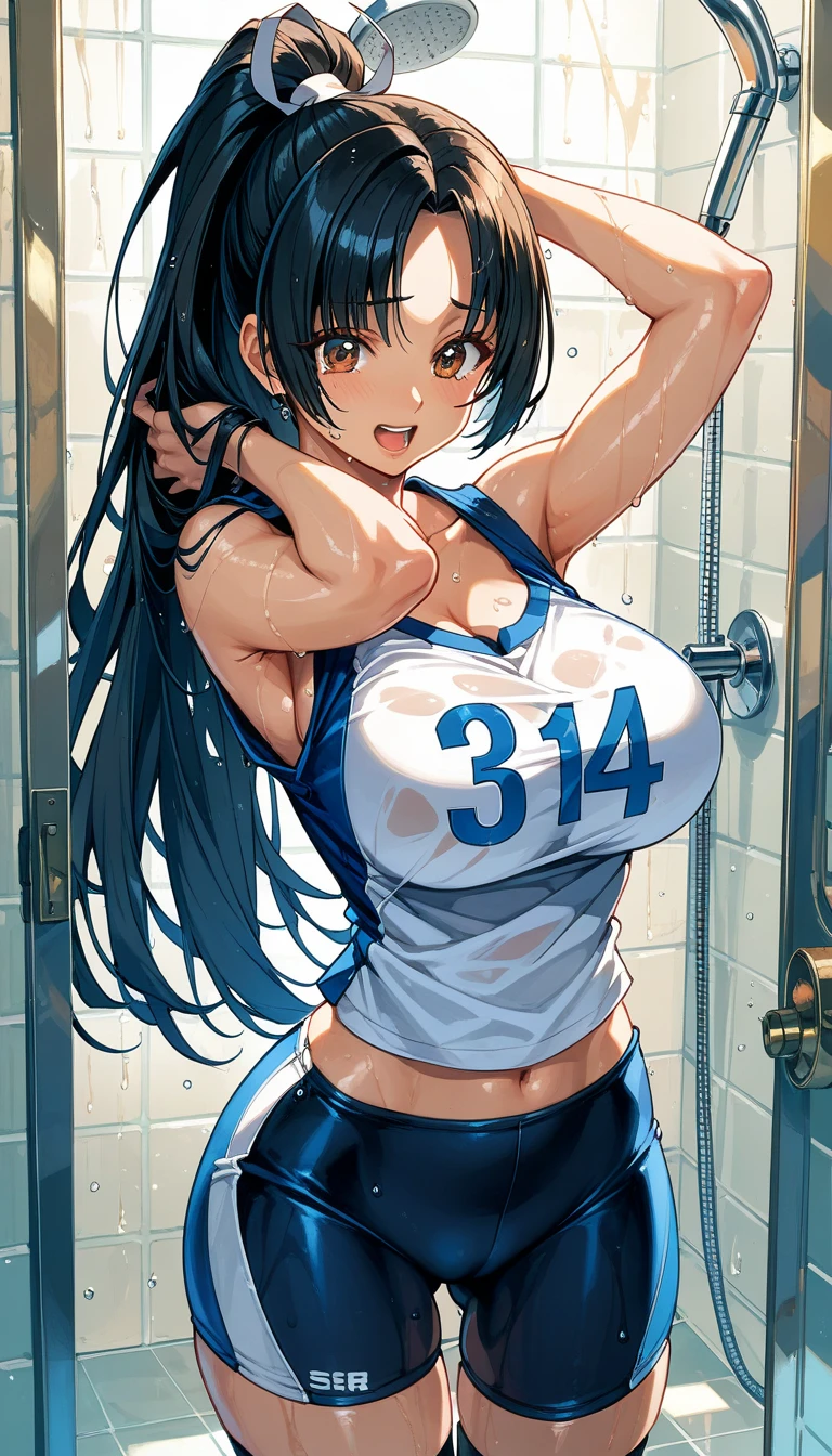 gesugaoでtitfuckをするsasaki kanna, Yellow Tank Top, Underboob, Sweat, Black hair twin tails, Big Breasts, Smile, いやらしい笑み, ゲス顔,