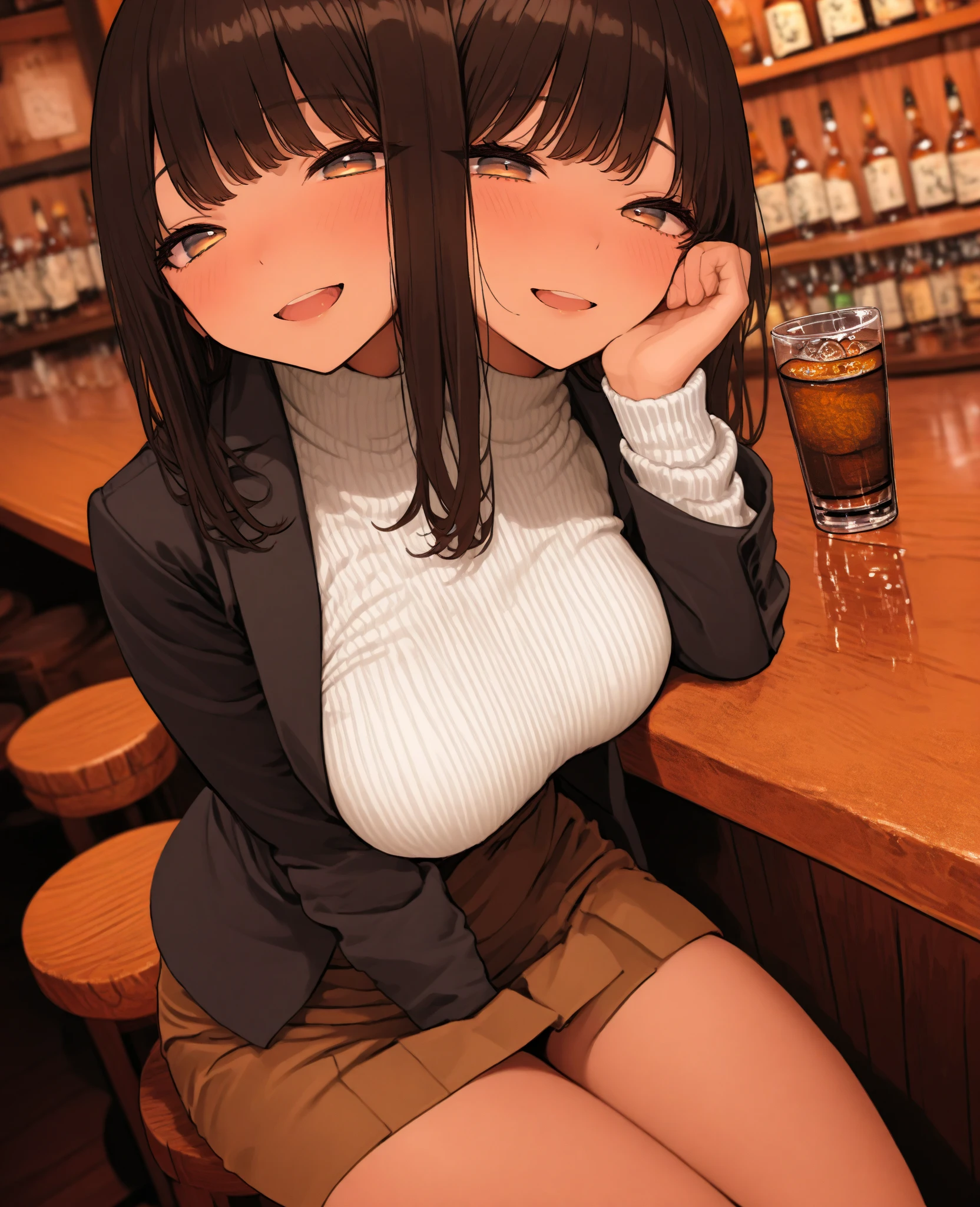 2 heads, a short thin woman with 2 heads. Sitting at a table in a bar. Clothed. Three boobs. Extremely huge breasts. Massive round fake boobs. Wearing tight t-shirt. Wearing jeans. Wearing beanie hat. Young. Happy. Thin face. Long messy orange hair. Sexy. Thick eyeliner. Ginger. Young. Girlfriend. Enormous breasts. Massive round fake tits. Baggy eyes. Blushing. Aroused. Blushing. In love.