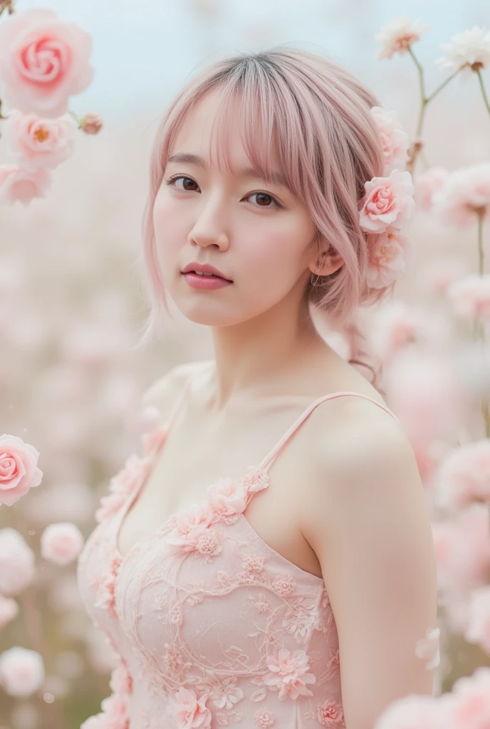 Light pink hair, Pink Eyes, Pink and white, Cherry leaves, Bright colors, White Dress, Paint splashes, Simple Background, Ray Tracing, Wavy Hair