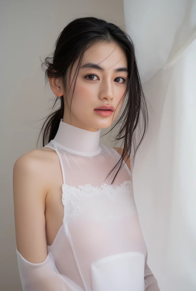 Wearing a collar　Standing still　White wall　Beautiful woman crying with her eyes closed　naked　measurement

