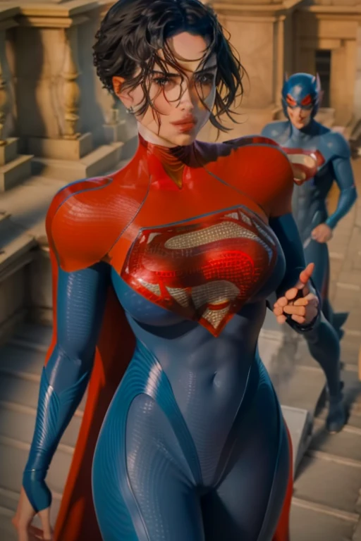 Isabel Merced posing outside as powergirl kissing supergirl, leather suit, choker, bob_cut hair, slim photo model, (big breasts:1.3), high heeled boots:1.3,Real Life, full bodyshot, Ultra Realistic, Photorealism, Photography, 8K UHD, Photo, HDR, Complex and Elegant, Highly Detailed, Sharp Focus, Stunning, Beautiful, Gorgeous), (Masterpiece: 1.2, Best Quality 1:1, Ultra Detail: 1.2, Best Shadows, 8k: 1.1), (beautiful detailed face), high contrast, (perfect lighting: 1.2), (cinematic light)), colorful, hyper-detail, dramatic light, intricate detail、
