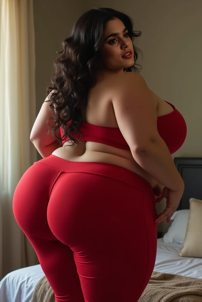 araffe woman in red underwear posing in front of a window, red hot, red, sexy red dress, red bra, view from the back, curvy accentuated booty, all red, back view also, shot from the back, photo from the back, back - view, curvy hourglass figure, shapely derriere, the extremely hot and sexy