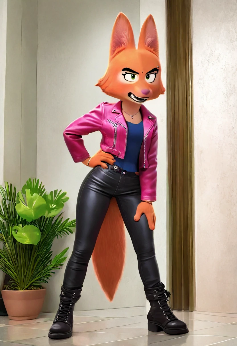 diane foxington, full body, anthro, furry, furry female, fox girl, fox tail, fox ears, eyebrow piercing, green eyes, orange fur, pink nose, clothed, pants, (open leather jacket), best quality, highly detailed, high resolution, detailed background, detailed clothing, detailed body, masterpiece, good 