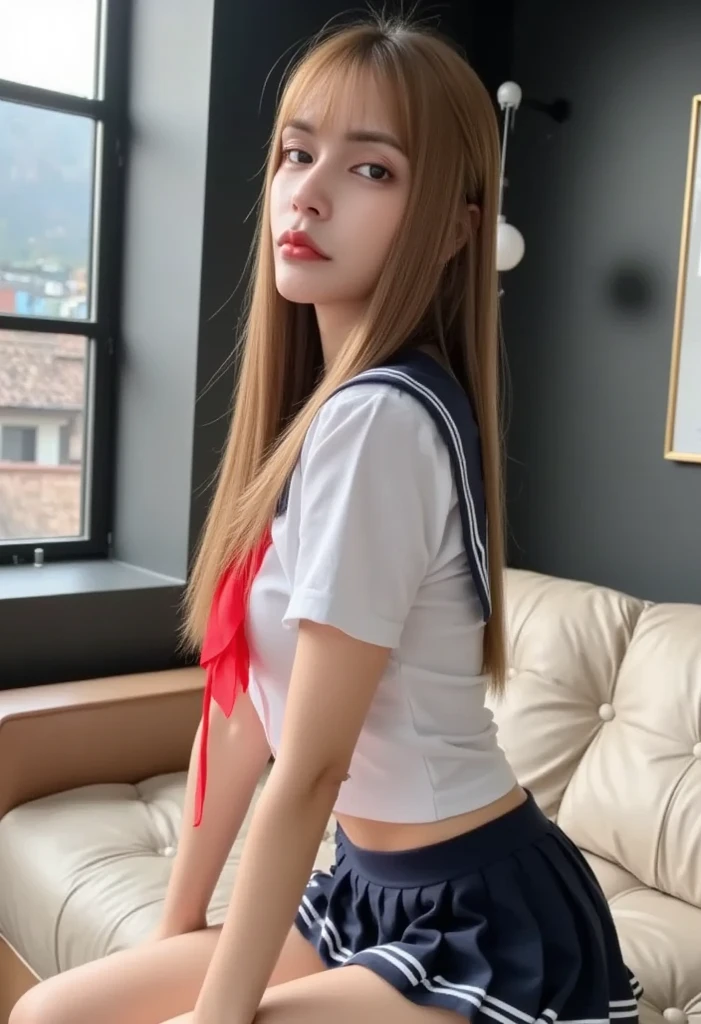 highest quality、masterpiece、ultra high resolution、(photorealistic:1.4)、glowing skin、shiny skin、raw photos、1 girl、1people、solo、18-year-old、high school girl、((blonde、golden hair))、Full body Esbian、double eyelid、Loose and fluffy perm、medium long hair、school uniform、Smile with your teeth out、open your mouth and laugh、soft chest、Super exposed cleavage、red skirt、cutter shirt、Glamour、sexy pose、Navel out、柔らかそうな大きなbutt、School、((butt、Shooting from the side of the whole body、View from behind、Back Angle))