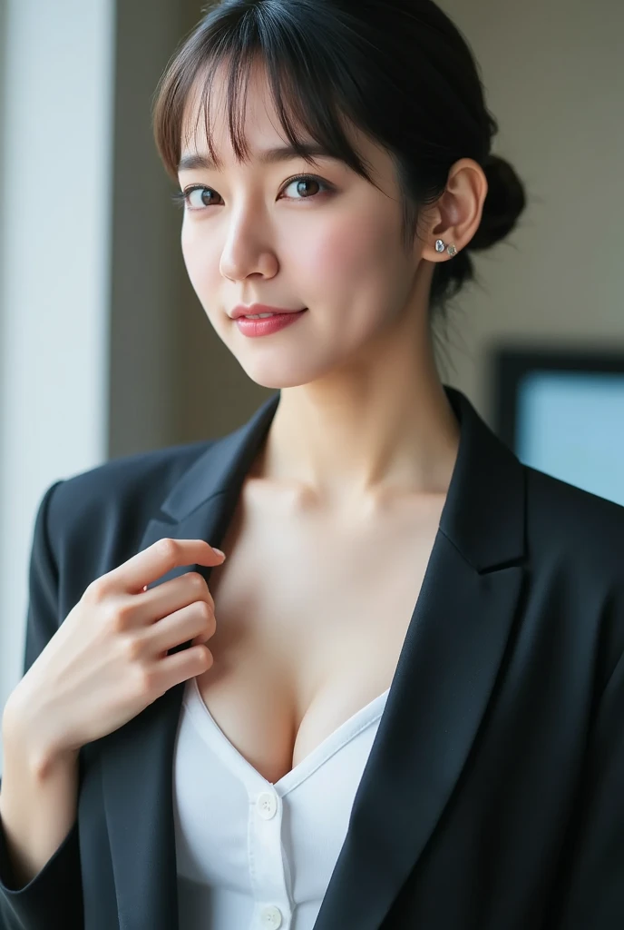 (masterpiece,best quality, RAW), (1 milf, soro), ((close up:1)), ((cross arms)), gray blazer, white shirt, Clothes with big Cleavage View, double eyelid, eyelash, lip gloss, ((smile:1, open mouth:1)), ((Looking at Viewer)), (from above:0.2), ((background glare, nobody office)),