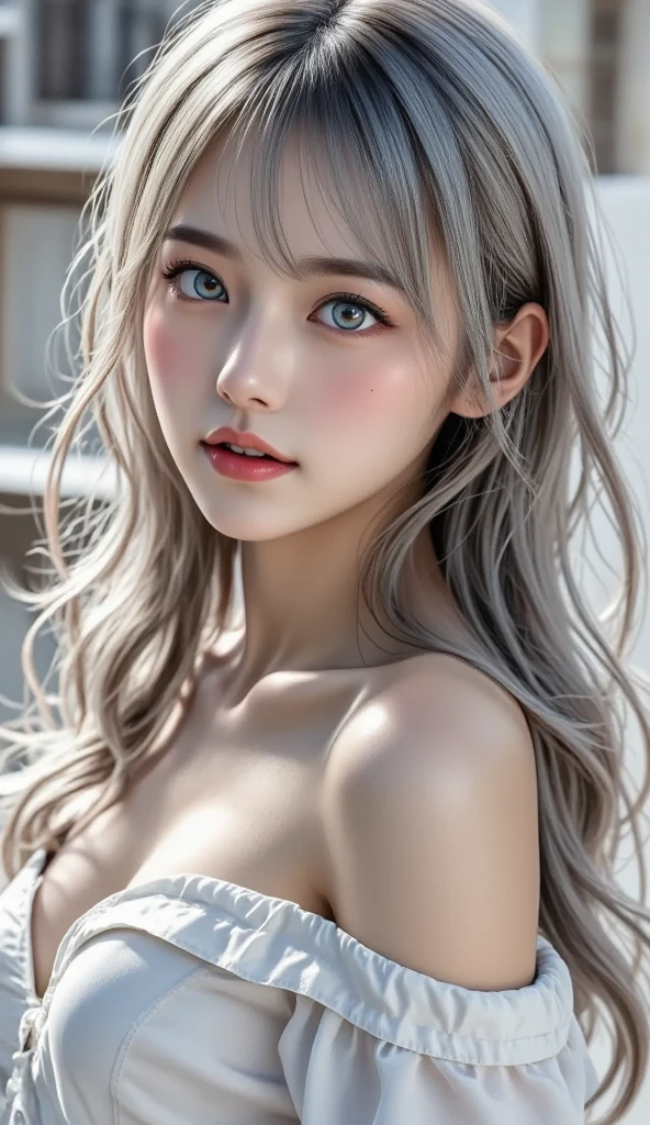 shining, Clear, White skin、Silver hair blows in the wind，Cover her beautiful face.、Huge breasts、28 years old cute sexy little beauty face、Beautiful straight hair stands out、growing up, sparkling light blue eyes、Long silky bangs cover the lovely eyes, Sexy cute young woman，The extra long hair covers her sexy face、shining silver hair，Bikini，（（（full-body shot）））