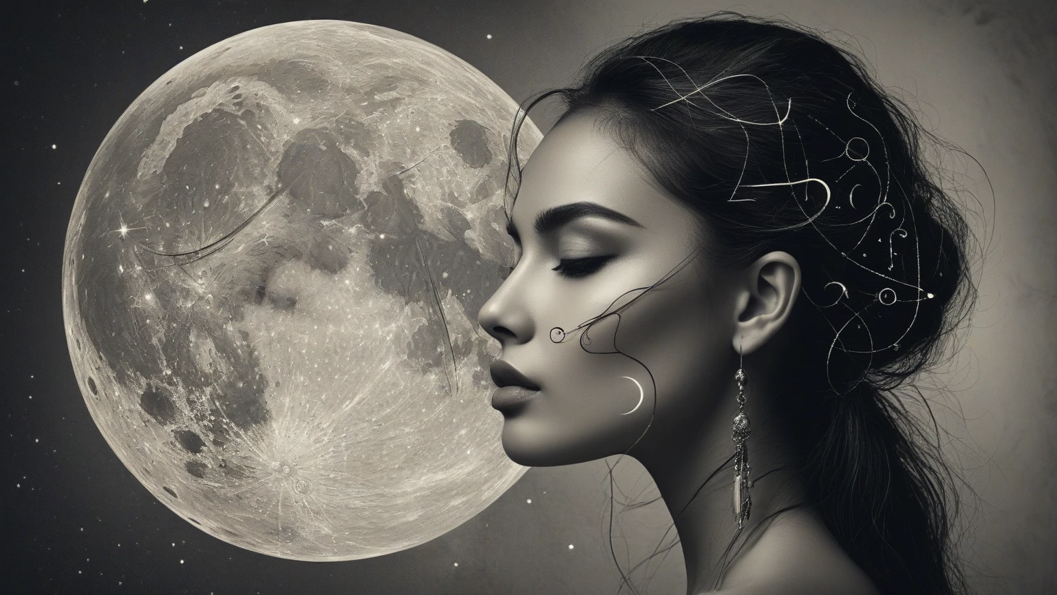 Craft a mesmerizing double exposure photoillustration that masterfully merges the worlds of humans and planets. In this artwork, draw inspiration from the distinctive styles of both Dan Mountford and Dan Hillier, ensuring the final piece showcases the imaginative essence of each artist.Utilize pastel and monochrome colors to bring out the dynamic energy of the scene. Envision the moon. The negative space in the composition should contribute to the overall balance, emphasizing the depth and layers of the artwork.The primary focus of the composition should be the seamless fusion of a woman with grey hair and planets, solid background, magical, perfect symmetry, great quality, detailed, intricate detail, creative, ambient, pristine, beautiful, brave, unique, awesome