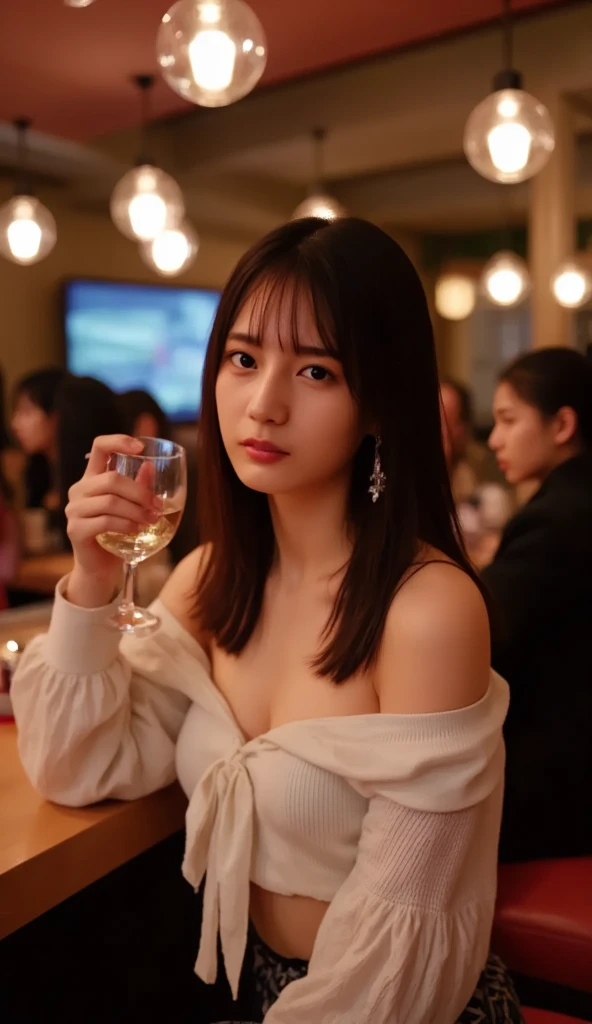 (Best-quality, Masterpiece, Ultra-High-Resolution, (Photorealistic:1.4), Raw Photo, depth of field, professional lighting, perfect anatomy, extremely details), 1girl, 15-years-old, the most famous Japanese idol, ((having a lot of fun in luxurious French-restaurant, drinking wine)), (wearing extremely cute lacy dress with cute-design), ((extremely cute face like the most popular Japanese idol, ((extremely cute and extremely big round-eyes)), extremely beautiful hair)), (((extremely beautiful and extremely realistic skins):1.3)), extremely beautiful long-eyelashes, extremely beautiful lips, detailed luxurious-French-restaurant, detailed wine, detailed extremely-cute-lacy-dress-with-cute-design