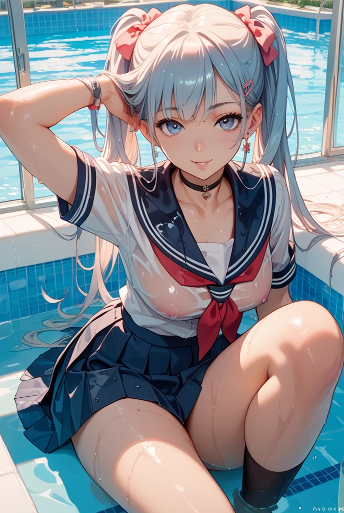 panty shot, underwater, white pantie and bra, Japanese school uniform, classroom