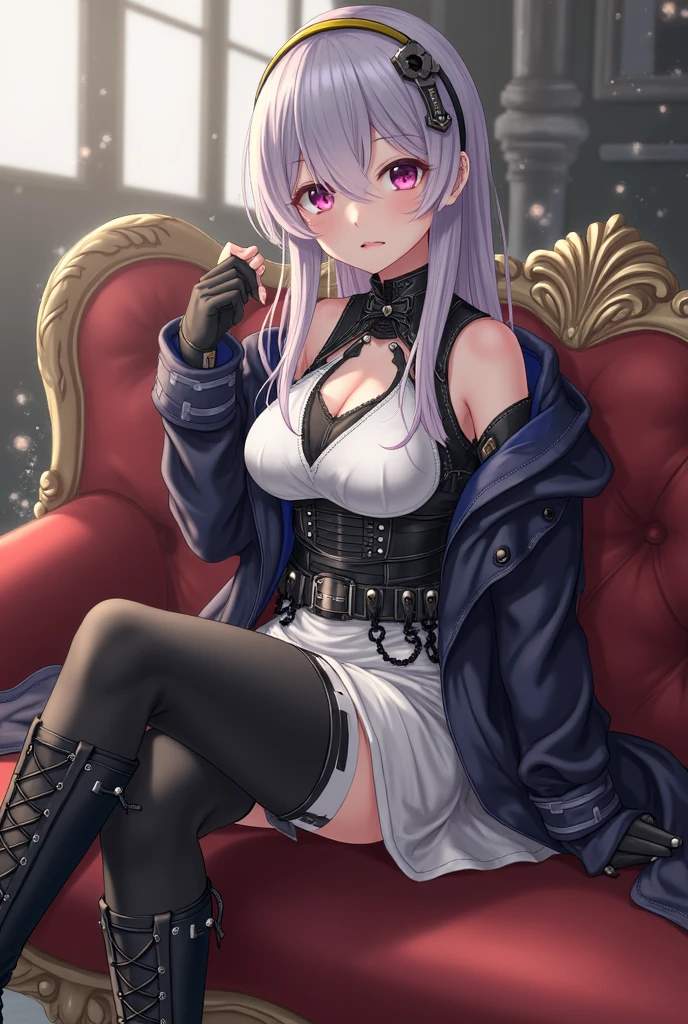 anime, anatomically correct, textured skin, super detail, high details, high quality, best quality,8k cg, Unbeatable masterpiece, intricately details, Delicate pattern, Perfect artwork, Beautiful face, Pure face, Pale skin, perfect women figure, full bodyesbian, looking at viewer, solo, bronya zaychik \, heart of the night\, bronya zaychik, 1girl, solo, looking at viewer, grey eyes, long hair, bangs, hair between eyes, white hair, drill hair, twin drills, jacket, grey shirt, black jacket, belt, shirt, sweater, ribbed shirt, short sleeves, open jacket, open clothes, (pantyhose), ((black pantyhose)), high-waist skirt, office lady, office chair, indoors, office, breasts, large breasts, collarbone, jewelry, earrings, see-through, hair ornament, chair, sitting, hand on own knee, crossed legs, cat