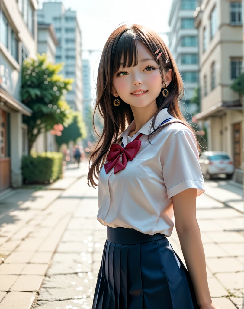 girl standing in school park,sailor shirt with red bow tie,school skirt,18-year-old,bangs,a little smiles,thighs,knees,from below