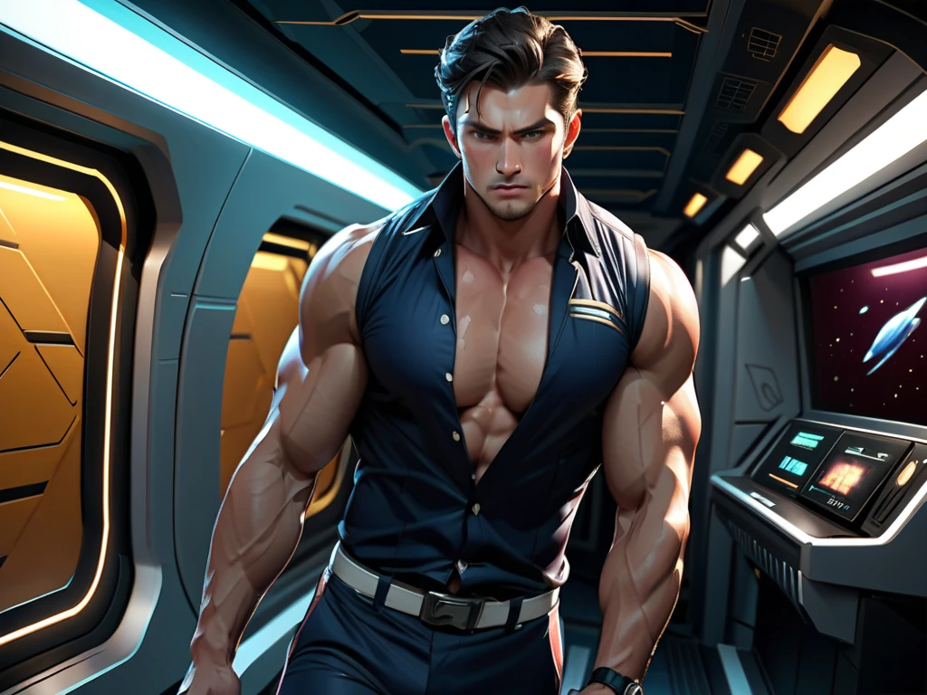 In a spaceship, hot daddy, shirtless, muscular, shorts