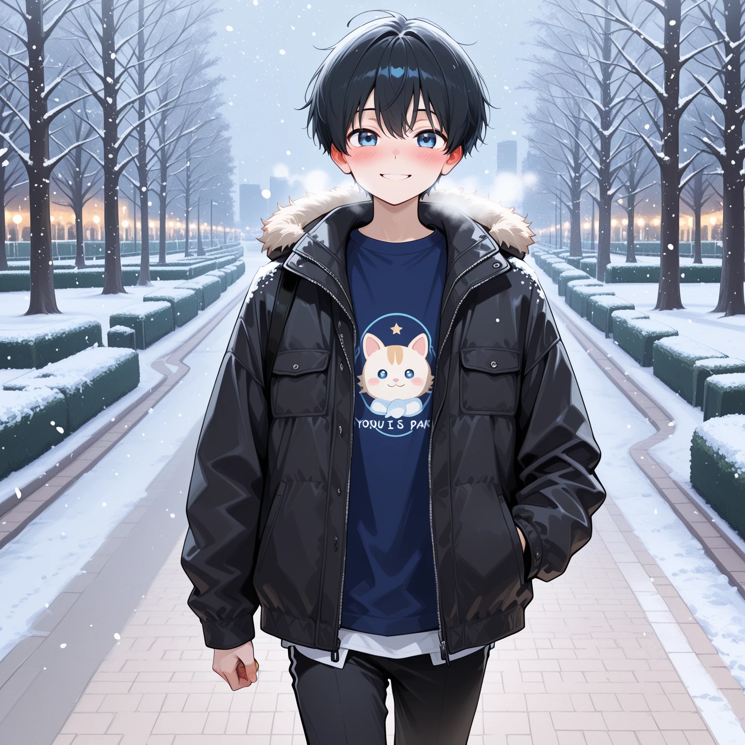 On a snowy day,A cute boy in the forest, He has a husky, There is sunshine