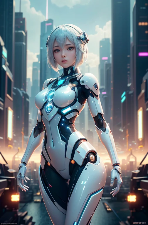 woman, 8k, realistic, photo-realistic, highest quality, best quality, masterpiece, highly detailed, cinematic lighting, full body, (female torso:1.4), (robot legs arms:1.3), wide hips, tatoos, side view, (utopian futuristic city:1.4), street, vines, (white long dress:1.3)