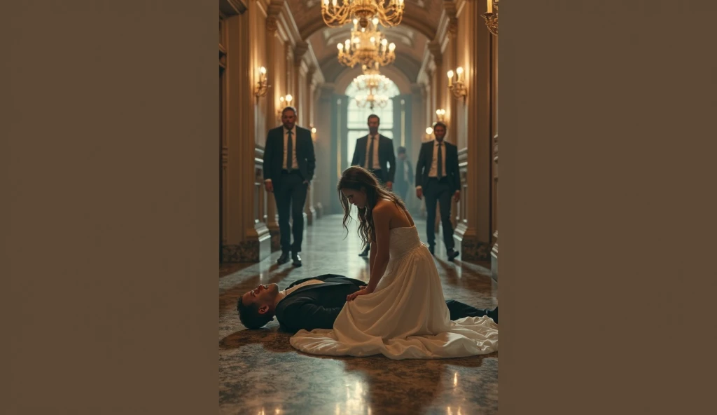 There is a strap and chain around the groom's neck and the bride is dragging him