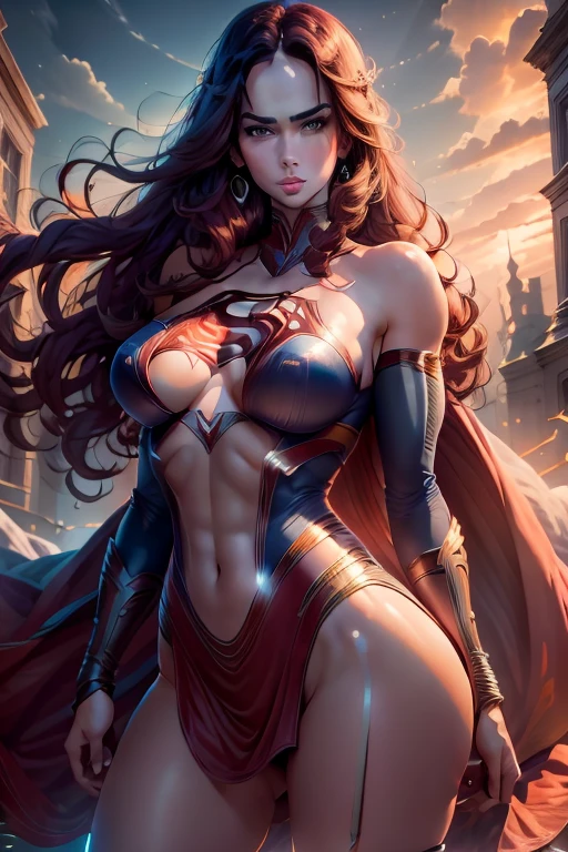 athletic woman as a guardian of an otherworldly realm currently in battle for its survival, with elements of strength and athleticism incorporated into her supernatural appearance, battling the evil forces with confidence yet maintaining sensuality (athletic woman: 1.1), (nipple process: 1.2), (Vampirella outfit: 1.2), (visible areola: 1.2), (partial breast exposed: 1.2), (full length body and legs portrait: 1.2), (wide angle lens: 1.1), (battle pose, holding futuristic sword red lighting: 1.2), (heavy rain: 1.1), (lightning across the skies: 1.2), (background of soldiers fighting among the galaxies), (jumping in the air), ((((legs open wide exposing inner thighs))), (camel toe)
