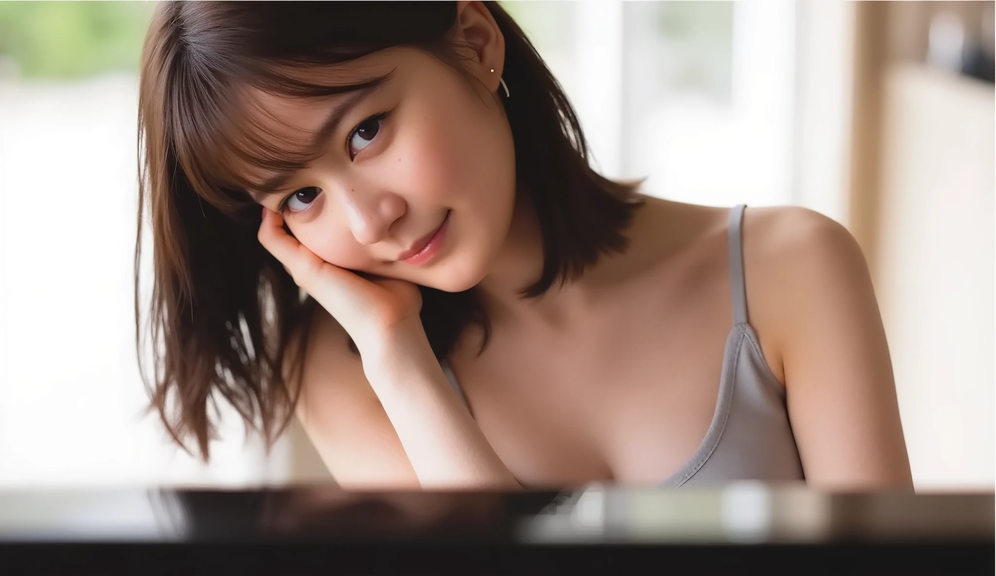 On the piano, mid-shot, Dutch horn shot, Absard Dress, Very Detailed, Super Detail, Highest Quality, beautiful, female, beautiful, romantic vibe, moonlight, soft lighting