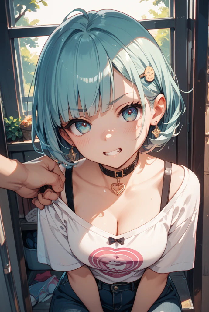 (masterpiece, highres, high resolution:1.2), anime 20 yo girl, portrait, shoulders up, illustration. drawn, blue hair woman, green eyes, blushing, solo, sad, sad face, freckles, big lips, huge breasts, perfect body, wearing a turtleneck sweater, anime girl, visible , visible nipples, shirt lift