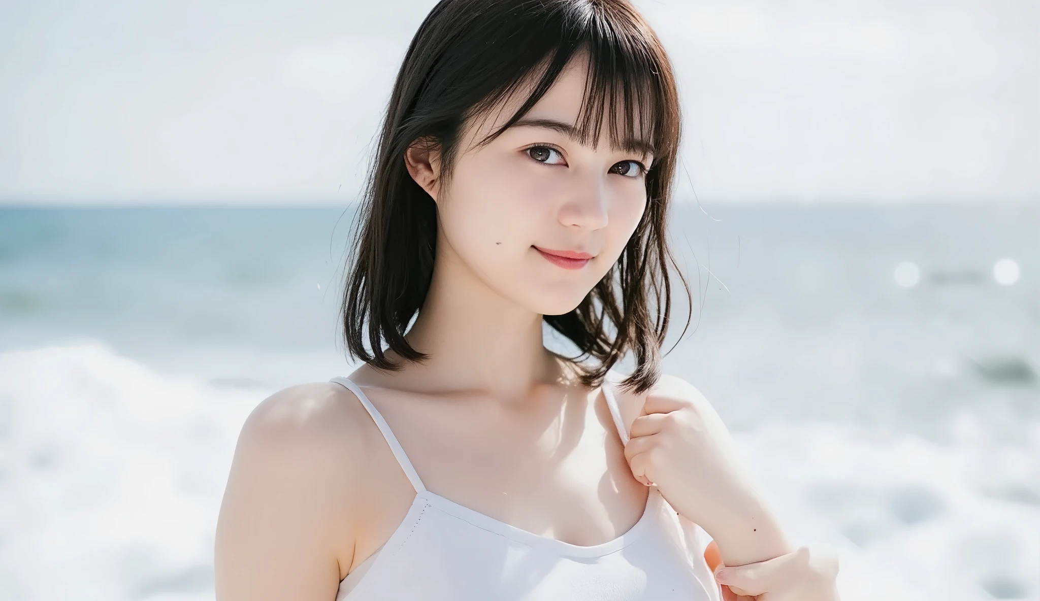 cute girl idol,Knee-length,1 girl on break day,upper body,gravure pose,smile,1 girl on break day,high resolution,Look,smiles,accurate, Super Fine,blue sky background,very well detailed,High Quality,HD model,teeth and laugh,smile,chest,4K,8k,