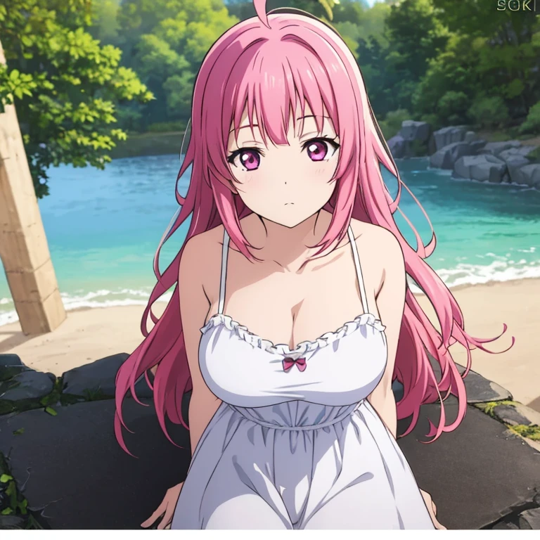masterpiece, best quality, movie still, 1girl solo, female focus, looking at viewer, smiling, upper body, depth of field, (watercolor illustration, soft pastel colors:1.1), realistic, red hair, white eyes, naked, perky breasts