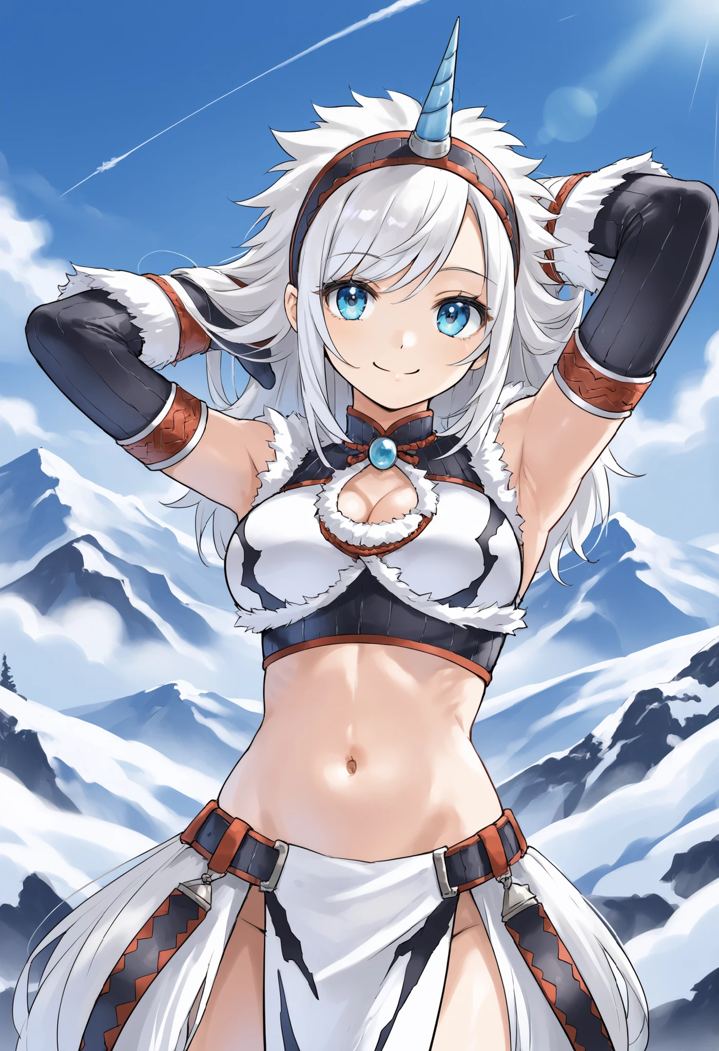 best quality, integrated scenery, integrated background, extremely delicate and beautiful, meticulous details, good composition, , cute face, perfect face,( score_9:0.9), score_8_up, score_7_up,rating_safe, anime style,(zPDXL), Armor , young_girl, Alone, single_purple_horn Hairband, Blue Eyes, , belly button,large_breasts, white loincloth, white kimono sleeve , smile, mountain background, monochrome, white bandeau, armpit,raise_arm,(abs:0.65),smile,spiky_bangs,sunlight,spikey_shaggy_hair,oil,