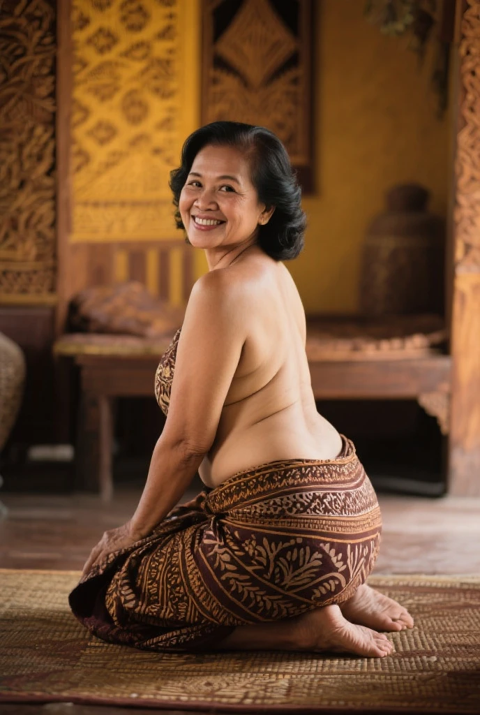 58-year-old Indonesian mature woman naked, sitting on the floor, in a poor family room, thin short black hair, slim body, sweaty wet body, dramatic light, Rembrandt lighting scheme, Gigantic Breasts: 198.6, Droopiest breasts, PP Cup breasts, Lying down to sleep in bedroom with thighs and legs open exposing pussy, living room of poor Indonesian family, high quality editorial photo, skin texture, skin pores, chocolate skin, high quality skin, high quality photography, professional photography, professional retouching, superb details, warm and moody colorss