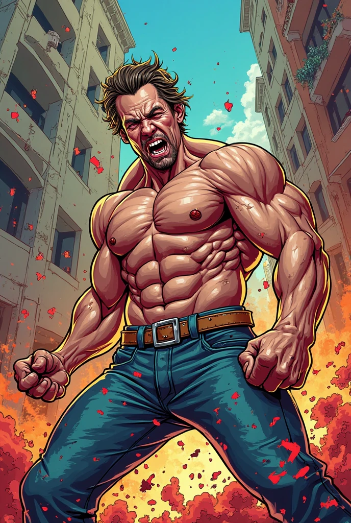 (NSFW: 1.5), Chris Redfield ,(man kneeling: 1.2) , (Seriously injured), (Close your eyes.), Open mouth, show teeth, (Wearing a navy blue round neck T-shirt with a police logo.: 1.3), (Navy blue jeans), Korean guy , korean men, (High gloss details), chest muscles, Big arm muscles, blood vessel, big muscles, Broad shoulders, looking at the audience, Balancing the eyes, (Make eye contact),(Torn shirt: 1.9), (wound: 1.3) , (blood splatters) ,( abrasions on face: 1.8), (Blood stains on the face and body: 1.6) ,(Torn shirt: 1.5) , (Look up: 1.1) , (genital very long big : 1.5), (Big testicles), (Erection of the penis: 1.5), middle of the road,(Fire blazes behind:1.3) ,(several worms pupate:1.8) ,middle of the road,(Fire blazes behind:1.3) ,(How:2.0) (big explosion:1.5)  (big explosion:1.5) ,(Fire blazes behind) ,(open mouth:1.6) 