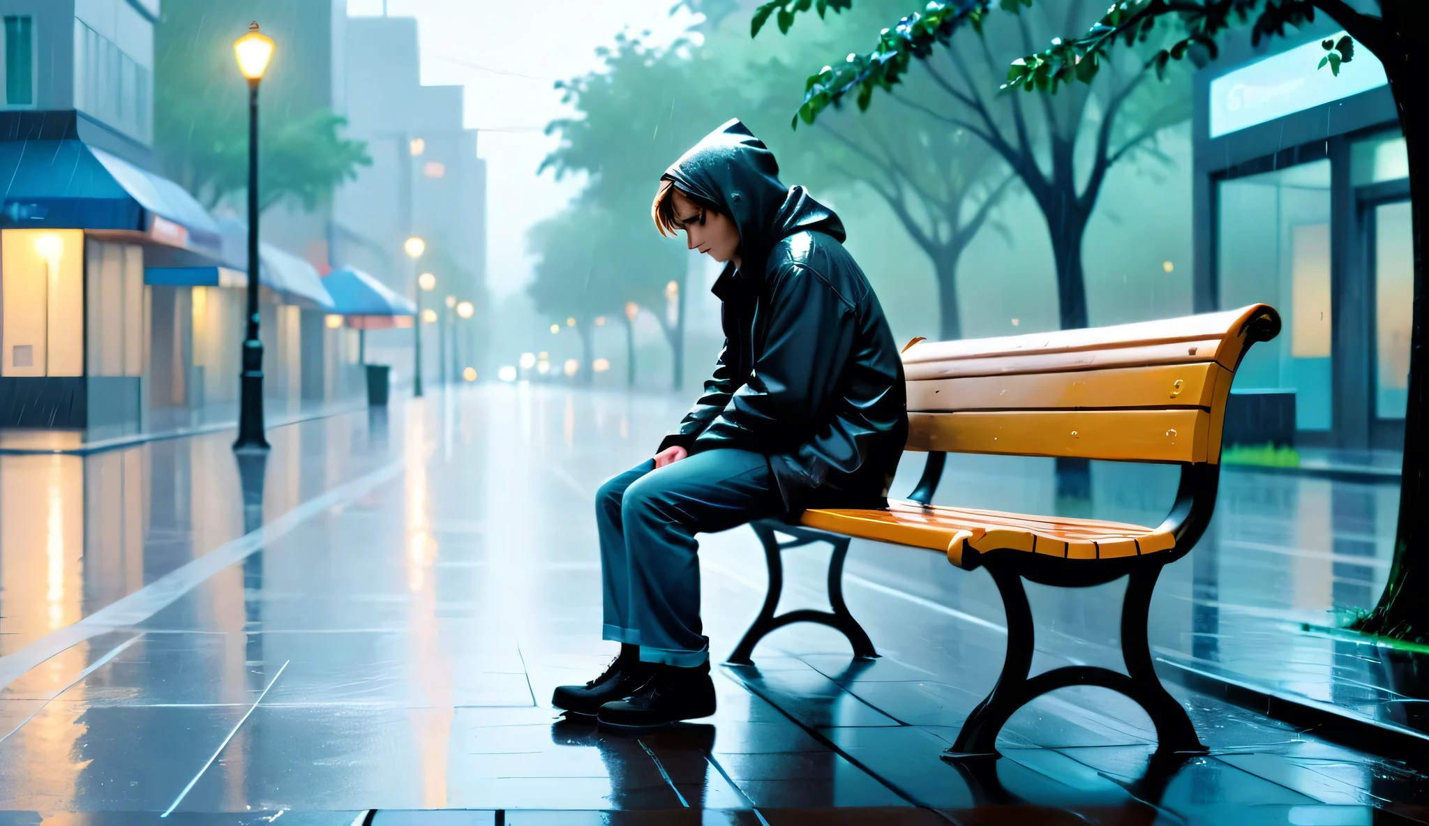 An emotional scene at a lonely bench on a rainy day, one person waiting with hope slowly fading, as the city moves on around them—representing being left behind.