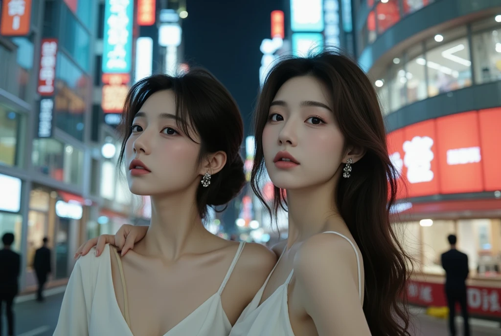 (Two Chinese stars with the style of royal sisters,duo,caressing the,Kissing,On the beach), ((Best quality, 8K, Masterpiece: 1.3)), Focus: 1.2, Perfect body beauty: 1.4 , (funny expression), (Night Street: 1.3), Highly detailed face and skin texture, Fine eyes, Double eyelids, Whitens the skin, (Air bangs: 1.3), (face round: 1.5), (Thin strap top: 1.4),