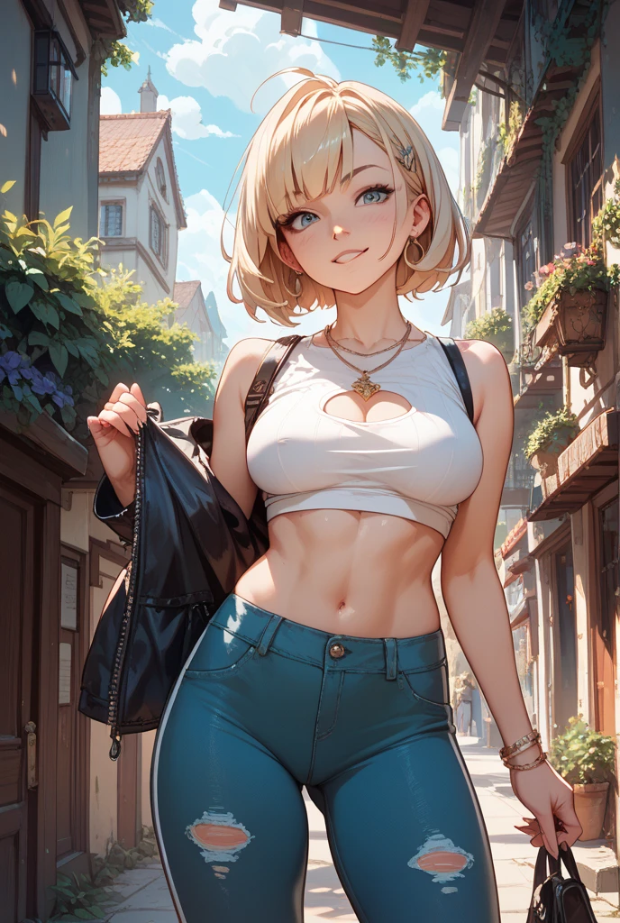 ((Highest quality, High resolution, masterpiece, detailed)),
Cowboy Shot, Written boundary depth, View your audience, Anatomically correct, 1people, woman, Perfect Face, Cute and symmetrical face, Shiny skin,
(Medium Hair, Platinum Blonde Hair), Chestnut brown eyes, (Large Breasts:0.8),
The finest details, Beautiful Hair, Beautiful Face, Beautiful clavicle, Cleavage, See-through nipples, Beautiful body, Beautiful breasts, Beautiful belly button, Abdominal muscles, Beautiful thighs, Beautiful feet,
(Tube top, Low-rise denim shorts, Show Panties),
(Beautiful views), summer, Tree-lined street, (blush),