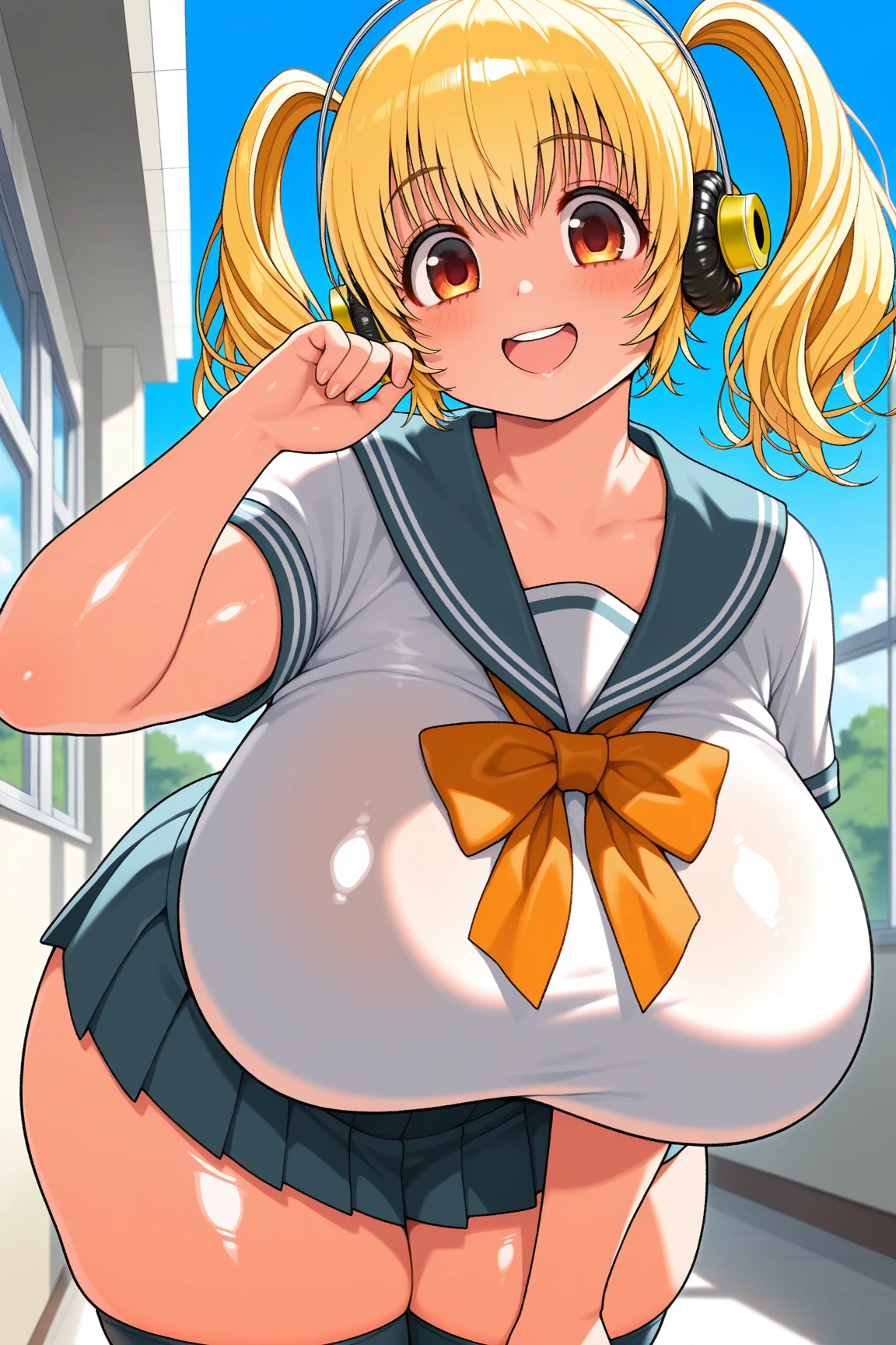 (Super Pochaco:1.5), plump blonde with thick thighs, big beautiful breasts, chubby, thick, orange eyes, short pigtails, headphones, tight panties
