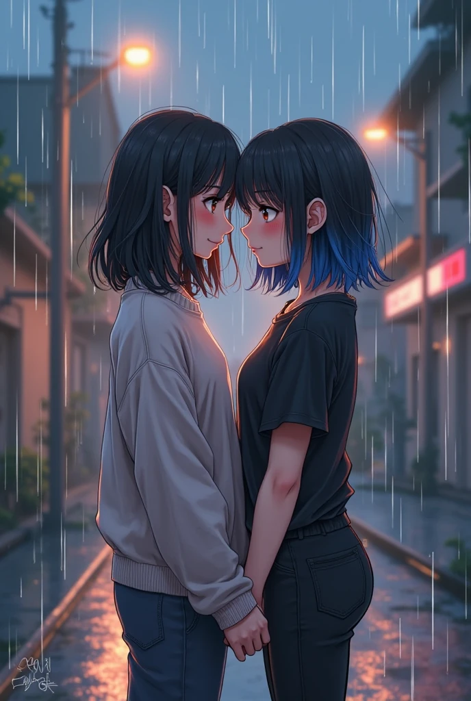 2 girls, rainy night, look at each other, Smile, pixel style, Beautiful girl game style, Meeting in the rain。Penguin Xuan, 20 years old, Light brown curly double ponytail, big round glasses, Wearing school uniform, The whole body was soaked by the rain, looking at each other。小紅比Penguin Xuan矮, Wearing a 3XL solid color T-shirt, Slightly transparent when wet, black bob haircut, Slightly brown skin, Thick eyebrows and tiger teeth, Slightly worried and cute expression, touching each other's hand。The background is the exterior of a vintage restaurant, Fisheye lenses, third person perspective side view, 細膩pixel style, Retro。Blushing, The side of the character, looking down camera, cartoon, 80's,
