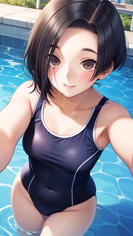 1girl, black hair, brown eyes, smile, one-piece swimsuit, school swimsuit, twin tail, flat chest, half-closed eyes, rolling eyes, blush, sweat, heavy breathing, masterpiece, smartphone, black bedroom, vibrant colors, soft lighting.