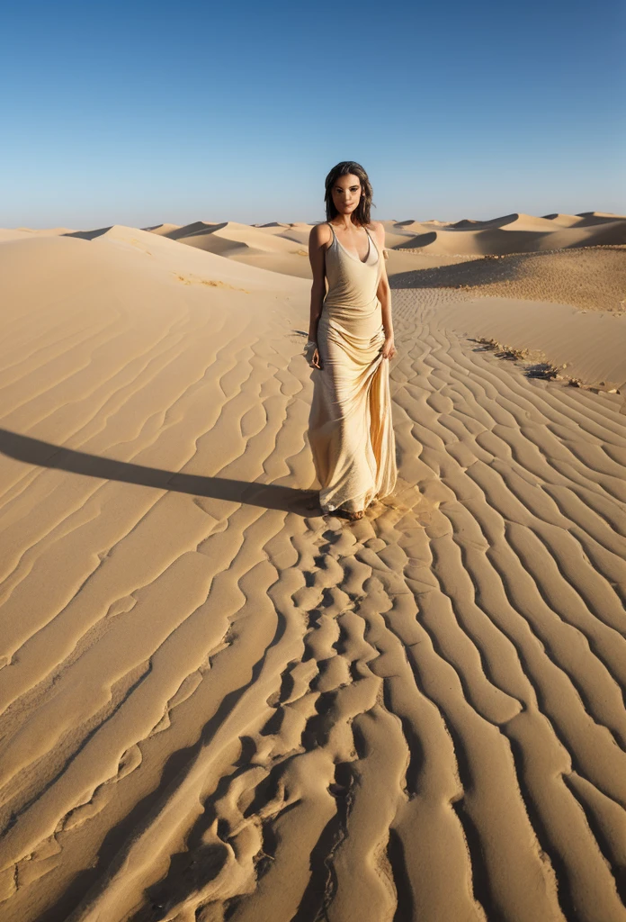 Woman wearing white and beige dress (she is standing) (she is doing yoga) on a desert dune, lens reflection, barefoot, bandana