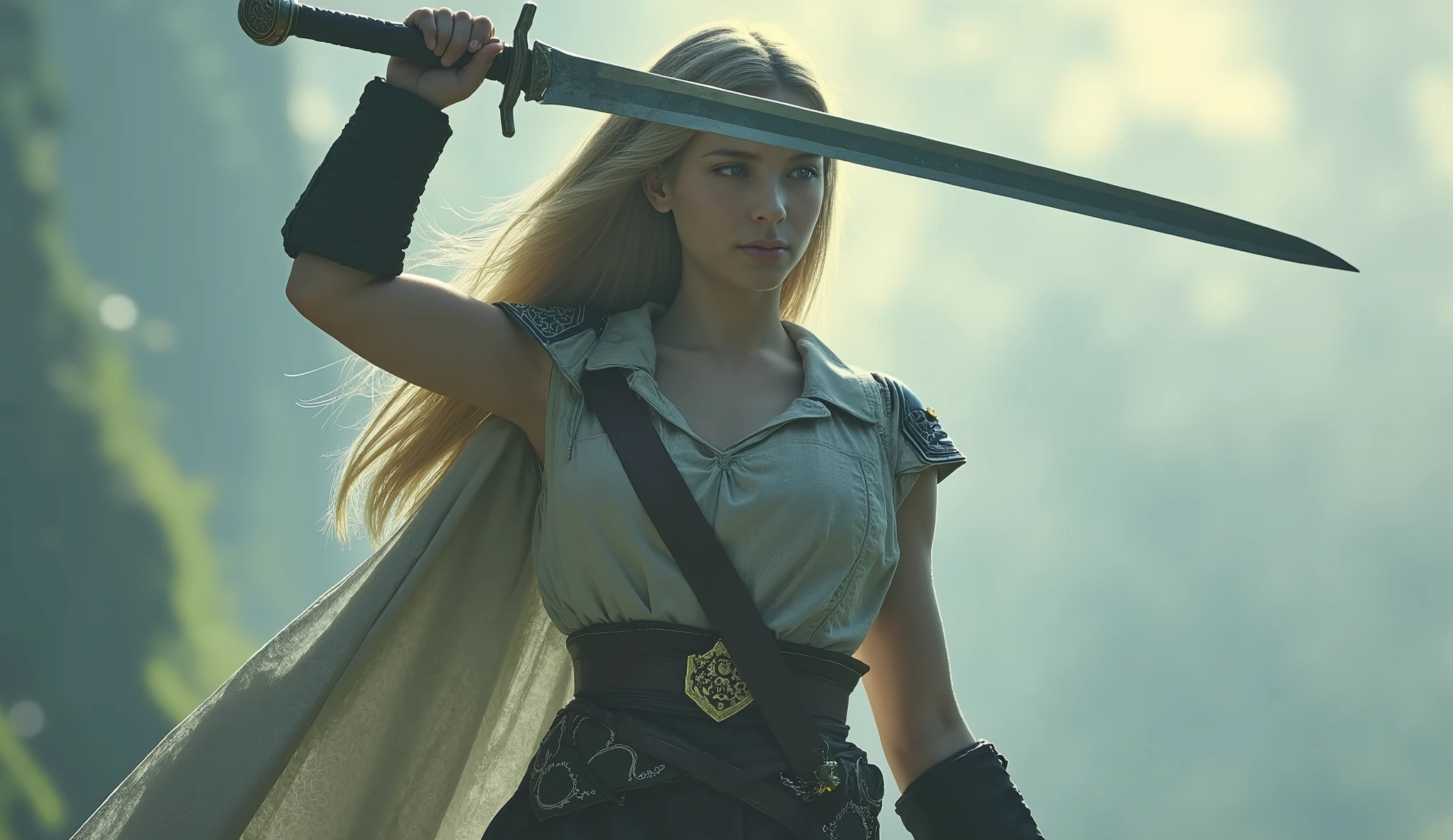 game theme final fantasy. blonde girl standing,image of her favorite sword in her hand , gentle color, in dramatic tone influenced by. A masterpiece in the highest resolution , image type semi-realism
