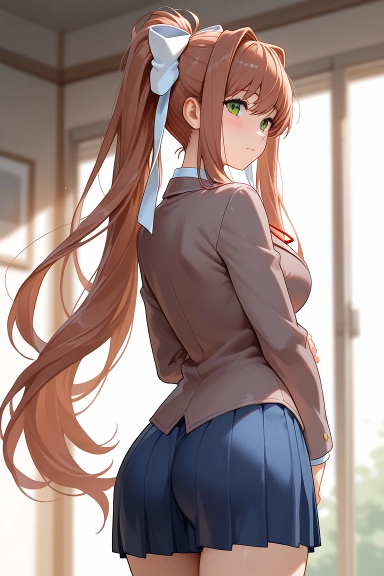 2d, masterpiece, best quality, anime, highly detailed, cowboy shot, 1girl, solo, monika, green eyes, very long hair, ponytail, school uniform, standing, leaning forward, arms behind back, smile, blushing, classroom, black stockings, black shoes. looking back, ass