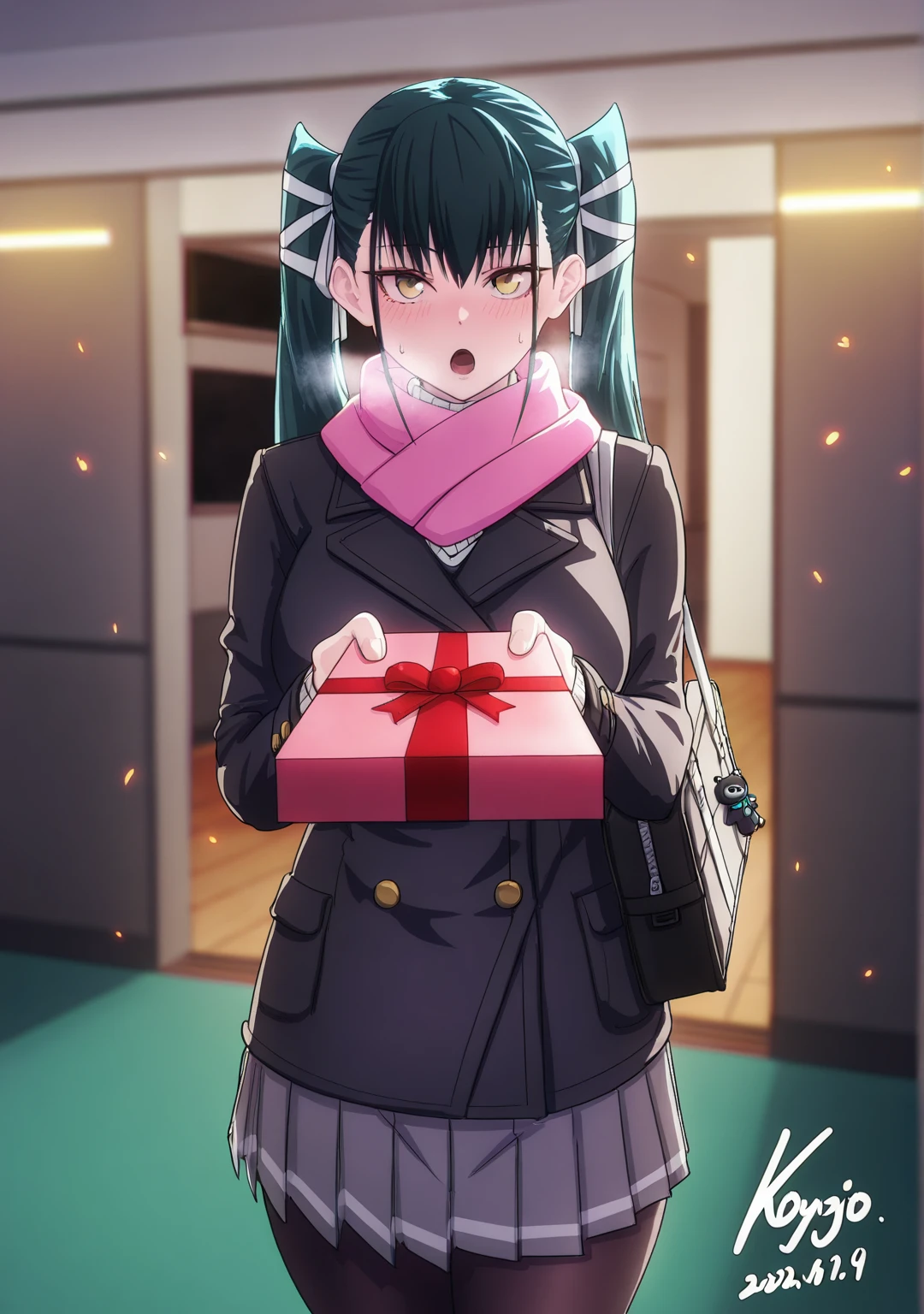 (minami_koyogi-style:1.4), (alecto_0-style:0.8), ((anatomical correct)), ((embers)), ((Cinematic, unreal engine, eye-catching, ambient occlusion, UHD, masterpiece)), ((perfect lighting)), perfect body, perfect eyes, perfect fingers, gasping, heavy breathing, gasping profusely, ((skindentation)), ((curvy)), mato seihei no slave, azuma yachiho, long hair, bangs, black hair, bow, twintails, yellow eyes, hair bow, green hair, plump, 1girl, solo, blush, pink_scarf, pantyhose, valentine, bag, scarf, skirt, looking_at_viewer, school_bag, grey_skirt, gift, pleated_skirt, incoming_gift, open_mouth, bag_charm, indoors, holding, coat, signature, black_pantyhose, bangs, box, long_sleeves, school_uniform, :o, cowboy_shot, jacket, charm_(object), dated, standing, sweatdrop, blurry, sweater, black_coat