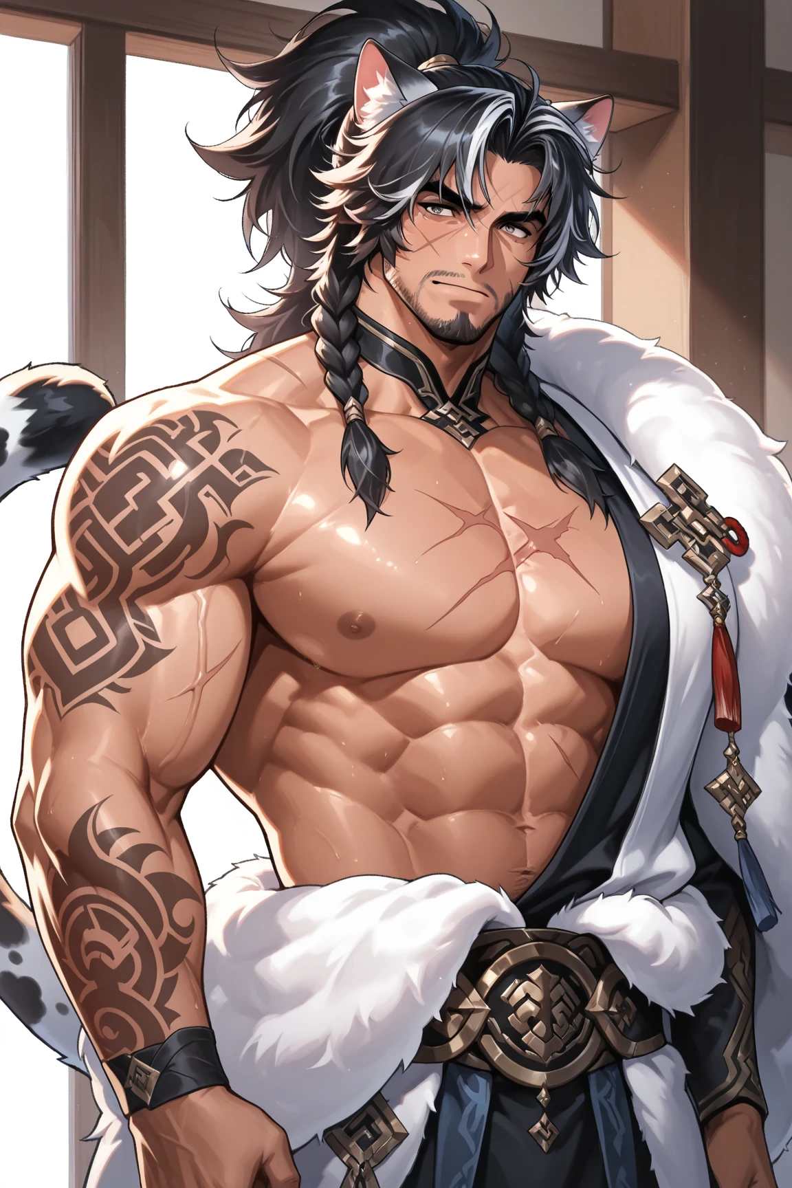 Conan Exiles Style, standing front, ((((FRONT))))), (((SHIRTLESS))), (((TOPLESS))), (((HANSOME))) young bodybuilder warrior semi-nude, wears a coarse loincloth made of brown pieces of cloth, bulge in the crotch, pectorals bulge, (16 years old) beardless (young face) ready to fight, top rated pixiv, shirtless, 180 kgs, front view, even shoulders, perfect massive muscles, inflated muscles, massive muscular body, a huge gigantic chest with a narrow waist, huge shoulders, ridiculously well-shaped large pecs, eight chiseled abs, arms thick as trunks and formidable thighs. (very toned, massive and huge) his ridiculously broad shoulders, absurdly wide back and indecently muscular back of arms and let's not forget his thick defined thighs. A muscular bull in the making. A potential competitive pro-bodybuilder. Mexican facial features, dark brown hair, hair moved by the wind, hair in a ponytail with bangs that fall over the forehead and on both sides of the face, white sclera, blue eyes (detailed eyes) big eyes, ((BLUE EYES)) and bull neck, narrow waist, barbarian, brown hair, ponytail hair, white sclera, blue eyes (detailed eyes), d&d character, brave warrior, human, handsome face, young rocky desert behind him, sunny day, rocky desert behind him, skill image, looking to the viewer, few clouds in the sky, breaking the fourth wall, face, breaking the fourth wall.