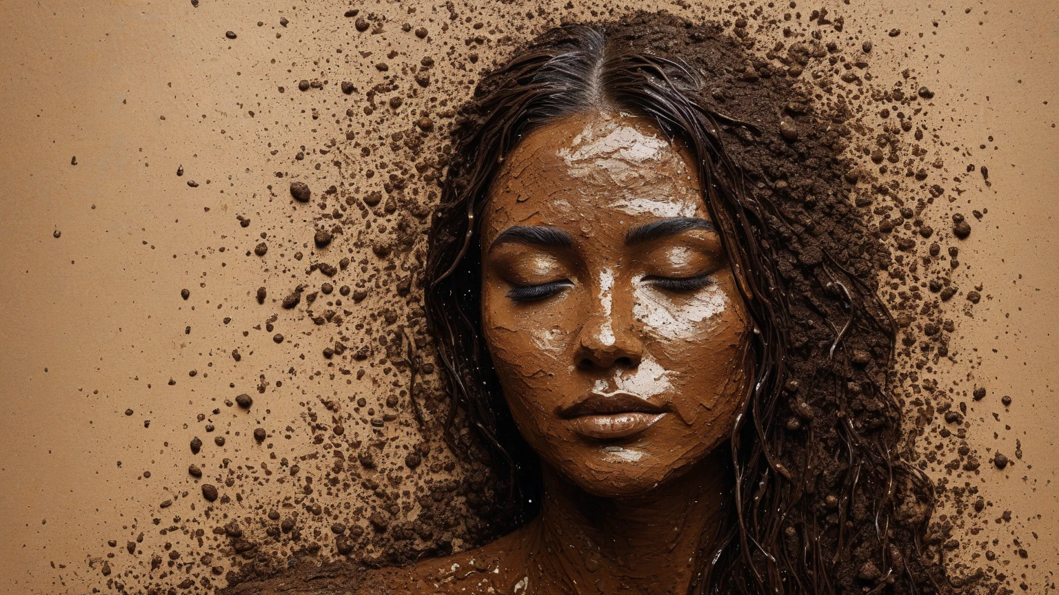 (best quality, highres:1.2, ultra-detailed, realistic:1.37),medium:oil painting,body portrait,Latina woman,no clothes,nude,exposed skin,dirty,nasty,show perfect vagina,seductive expression,piercing eyes,long flowing hair,proud and confident posture,standing in a lush field surrounded by blooming flowers,sunlight gently kissing her skin,soft shadows accentuating her features,muddy ground beneath her feet,her body covered in mud,emphasizing her connection to the earth,playful smirk on her face,determined gaze,fine lines and wrinkles adding character to her face,delicate droplets of mud on her skin and hair,subtle reflections of the vibrant colors of the flowers on her skin,the smell of wet earth and fresh flowers filling the air,vivid colors and rich textures in the surroundings,showcasing the beauty and diversity of nature,creating a harmonious and captivating scene.