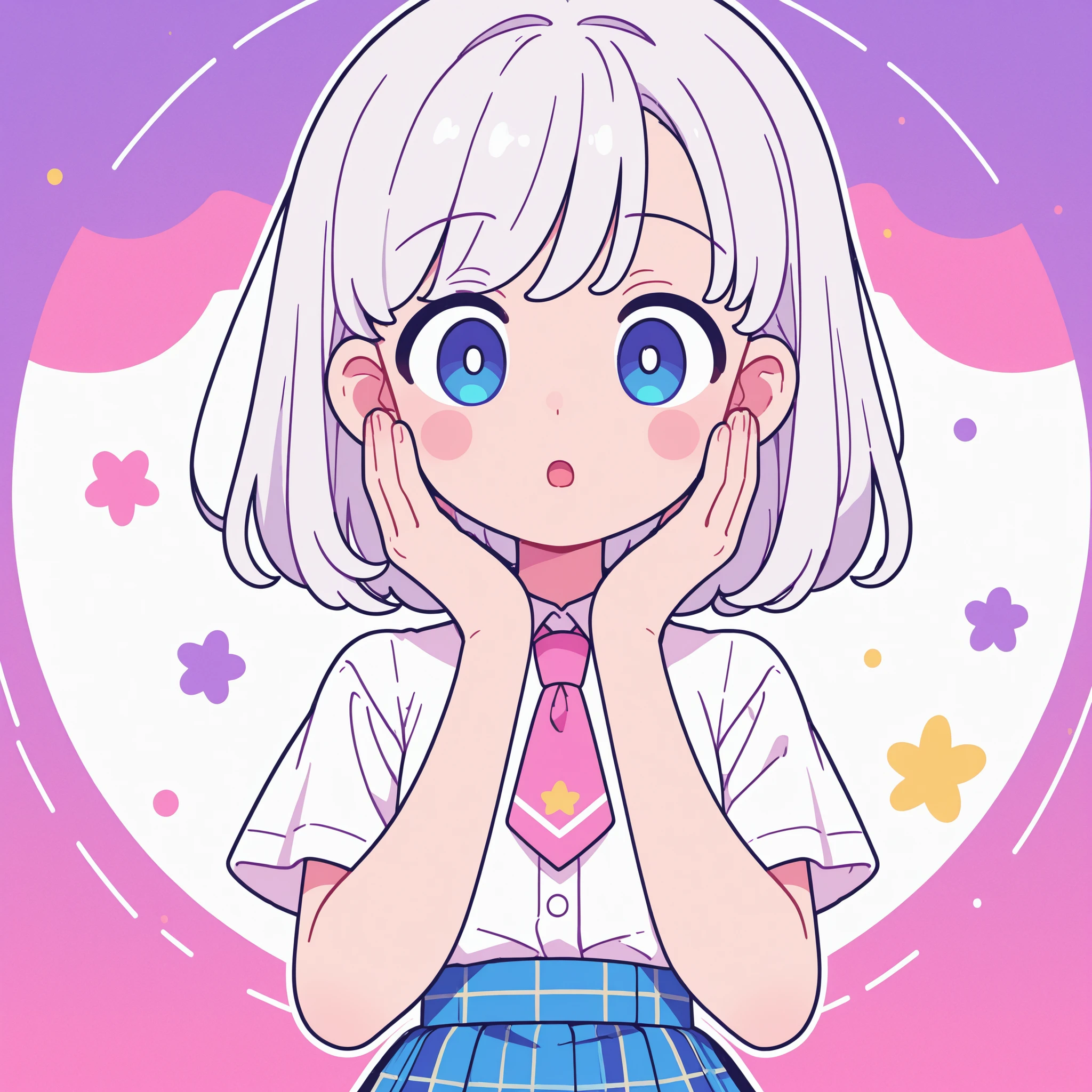 anime-style drawing, Chika Girl Lola, blue eyes, silvery-white hair, Schoolgirl, white short-sleeved blouse, Pink tie,  blue plaid skirt, long black buccaneer socks, surprised body expression