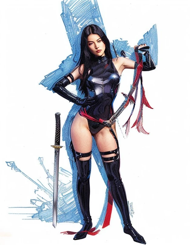 um close up de uma mulher com uma espada e um arco, Psylocke, color digital illustration, Katana, full-colour illustration, desembainhando sua Katana, com tinta e cor, high quality colored sketch, in a mixed style of æon flux, inspired by José Comas Quesada, arte estilo quadrinhos, epic full color illustration, Colorido digitalmente (((manter a arte original , keep the artist's original trait))) (((cores comics super detalhada moderna)))