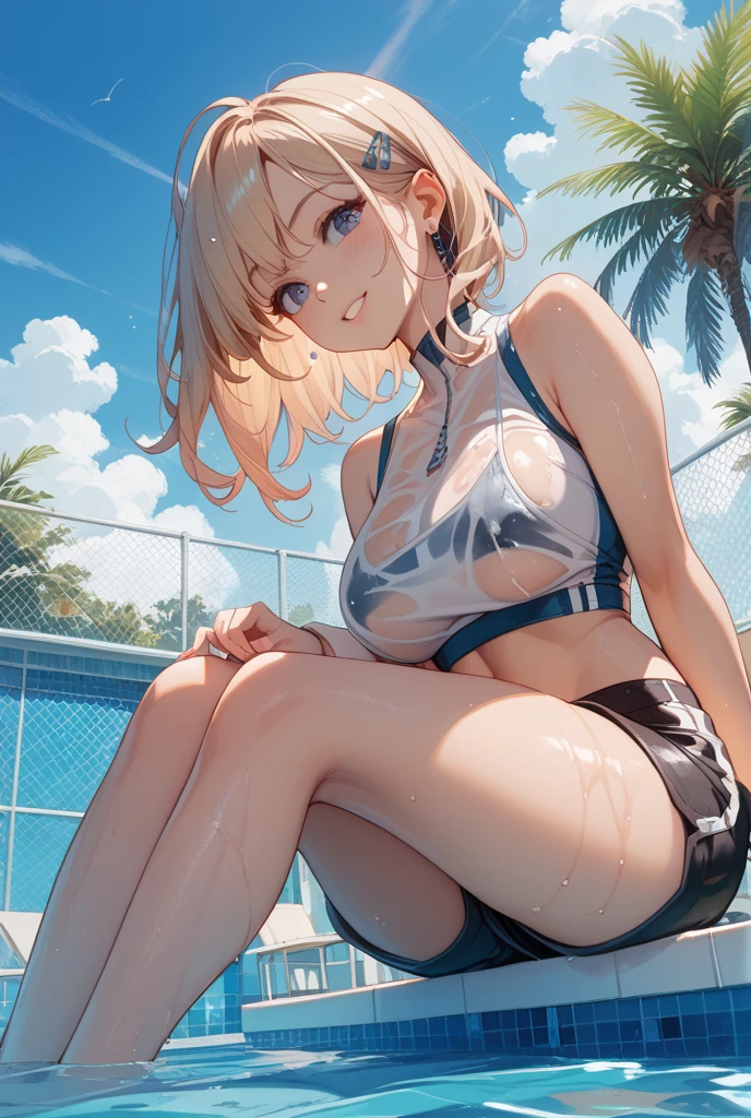 1girll, Solo exhibition, exteriors, rays of sunshine, serafuku, tmasterpiece, A high resolution, best qualtiy, 1girl solo,Kneeling,Hold your hands on the ground,On the beach,Bare back,Bare legged,s girl,slim toned body,sensual face,White bikini,White swimsuit,Mini bikini,hindquarters,Didn't wear it,Systemic skin reflexes,Sweat all over the body,Young person