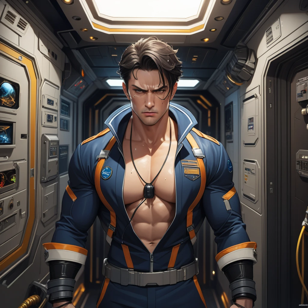 In a spaceship, hot daddy, shirtless, muscular, shorts